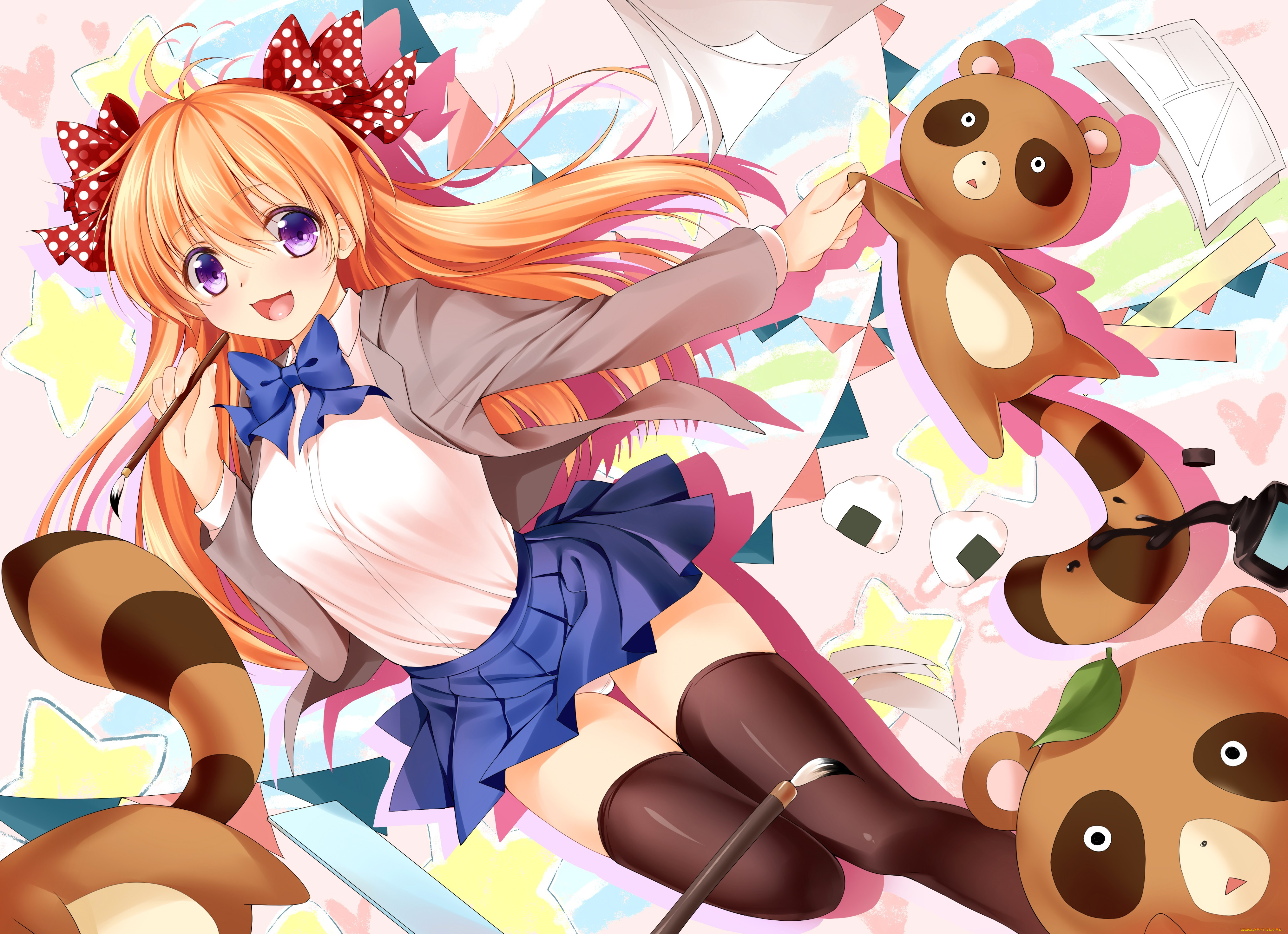 аниме, gekkan, shoujo, nozaki-kun, sakura, chiyo, gekkan, shoujo, nozaki-kun, листы, кисть, банты, рыжая, еноты, девушка, арт