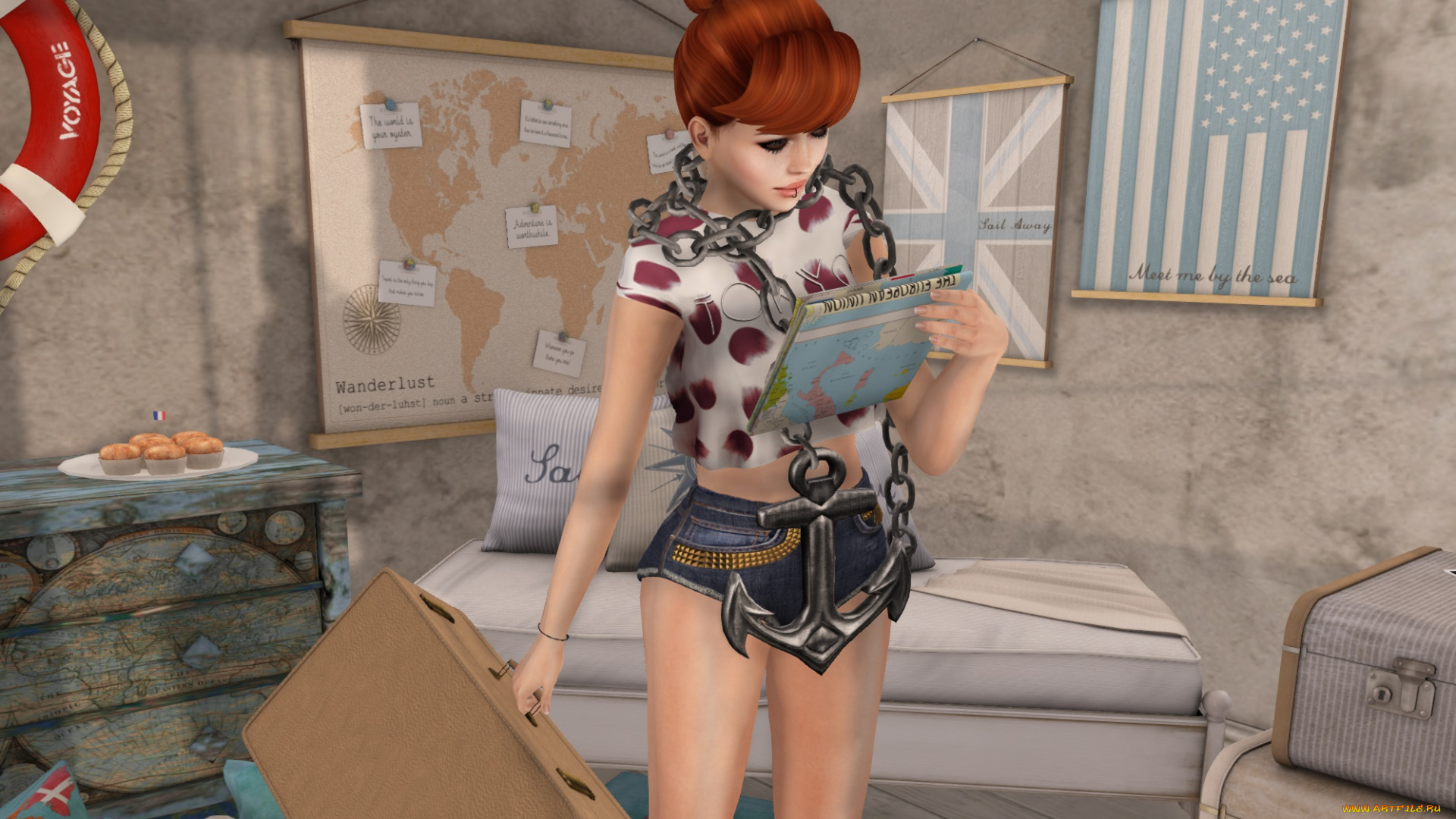 3д, графика, люди, , people, девушка, интерьер, взгляд, рыжая, фон