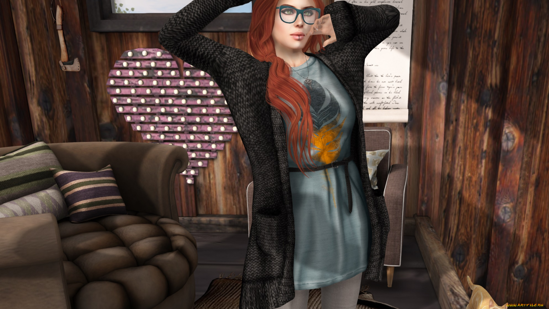 3д, графика, люди, , people, девушка, взгляд, фон, рыжая, интерьер