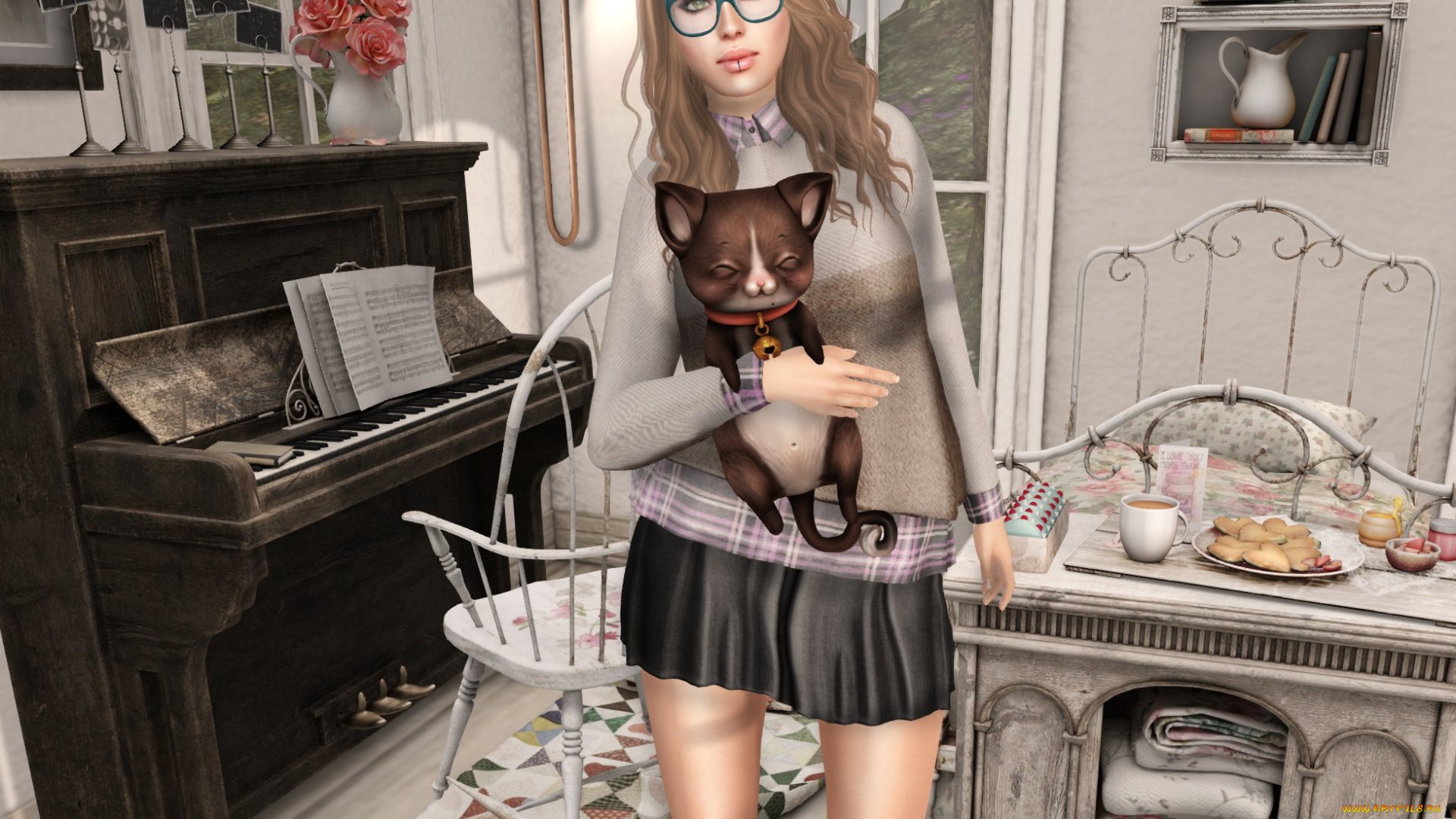 3д, графика, люди, , people, девушка, взгляд, фон, рыжая, интерьер