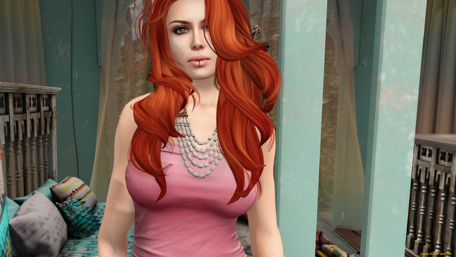 3д, графика, люди, , people, девушка, взгляд, фон, рыжая, интерьер