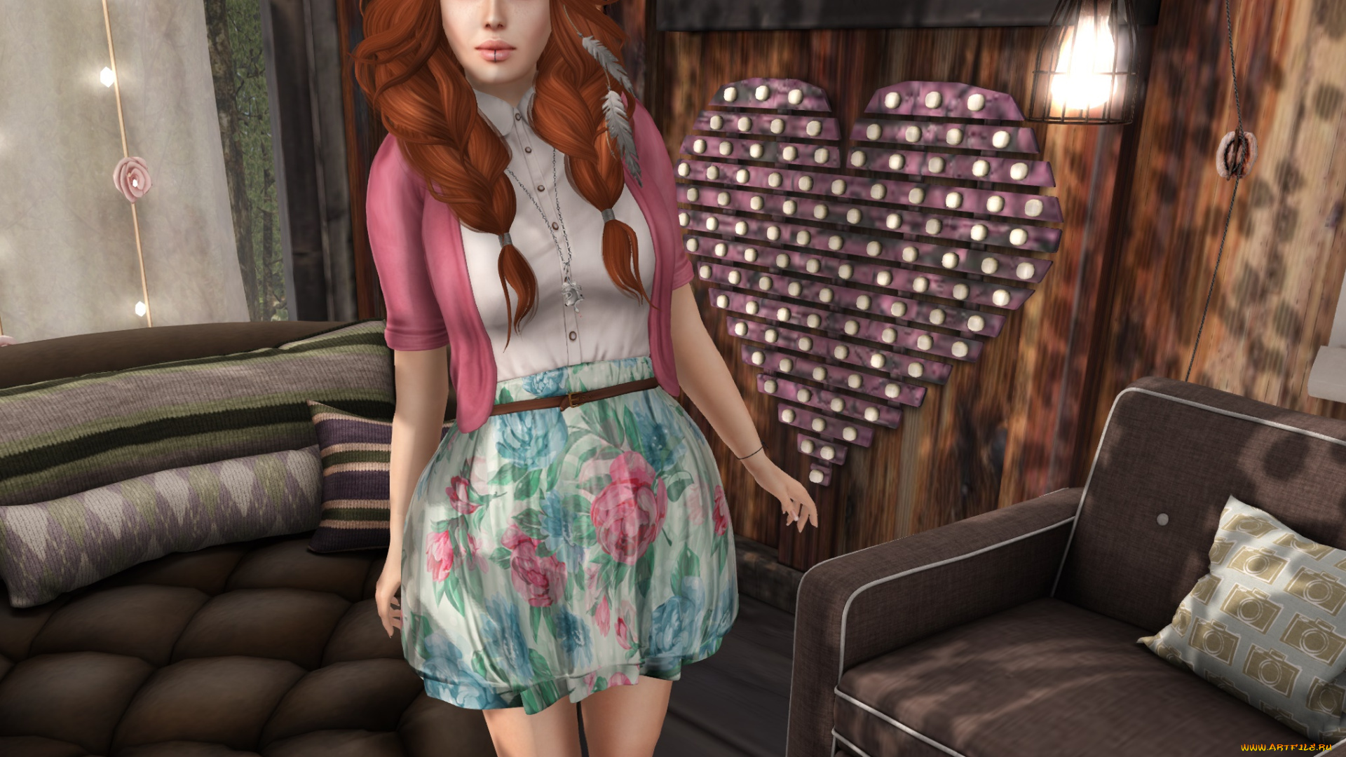 3д, графика, люди, , people, девушка, взгляд, фон, рыжая, интерьер