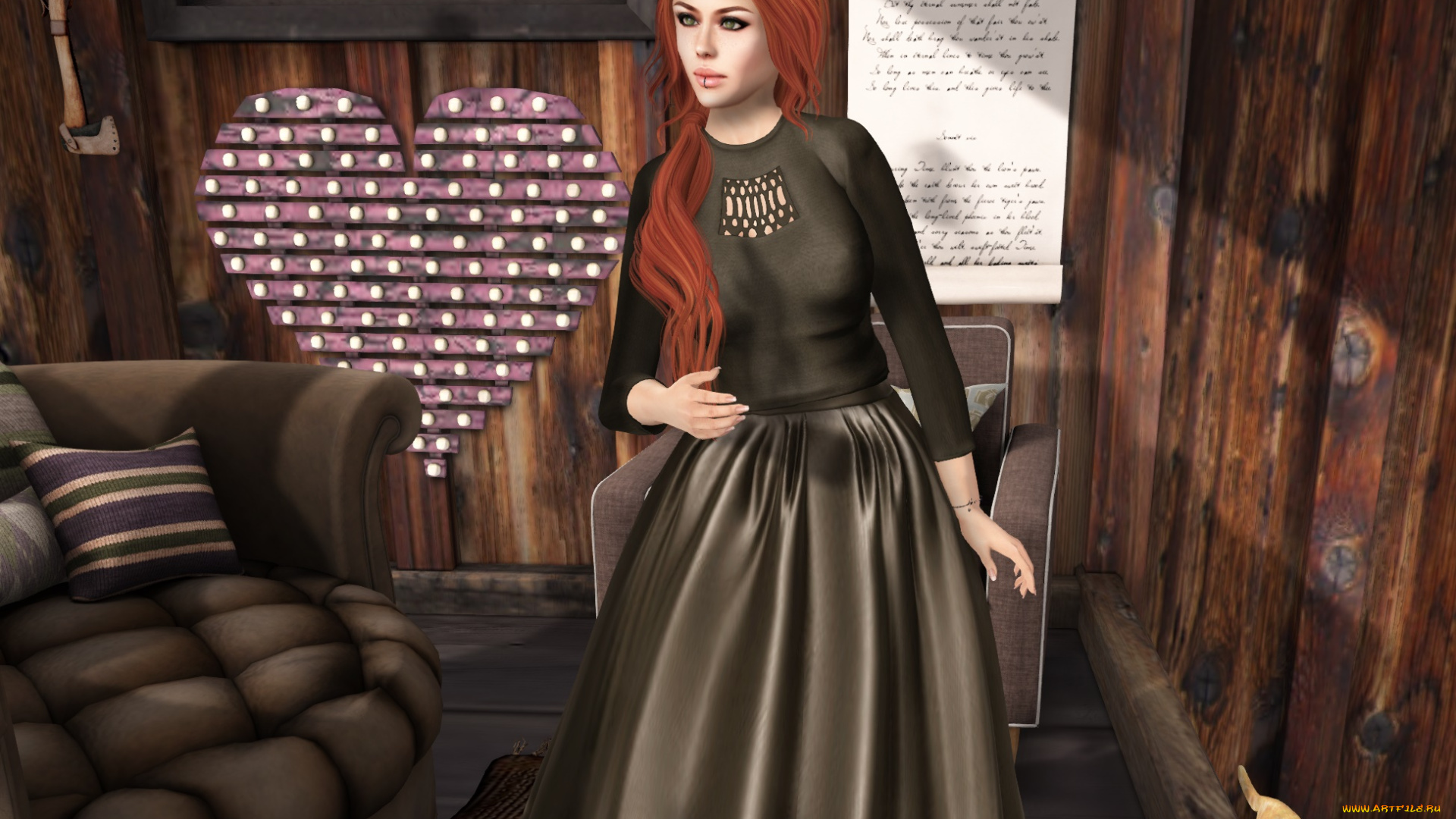 3д, графика, люди, , people, девушка, взгляд, фон, рыжая, интерьер