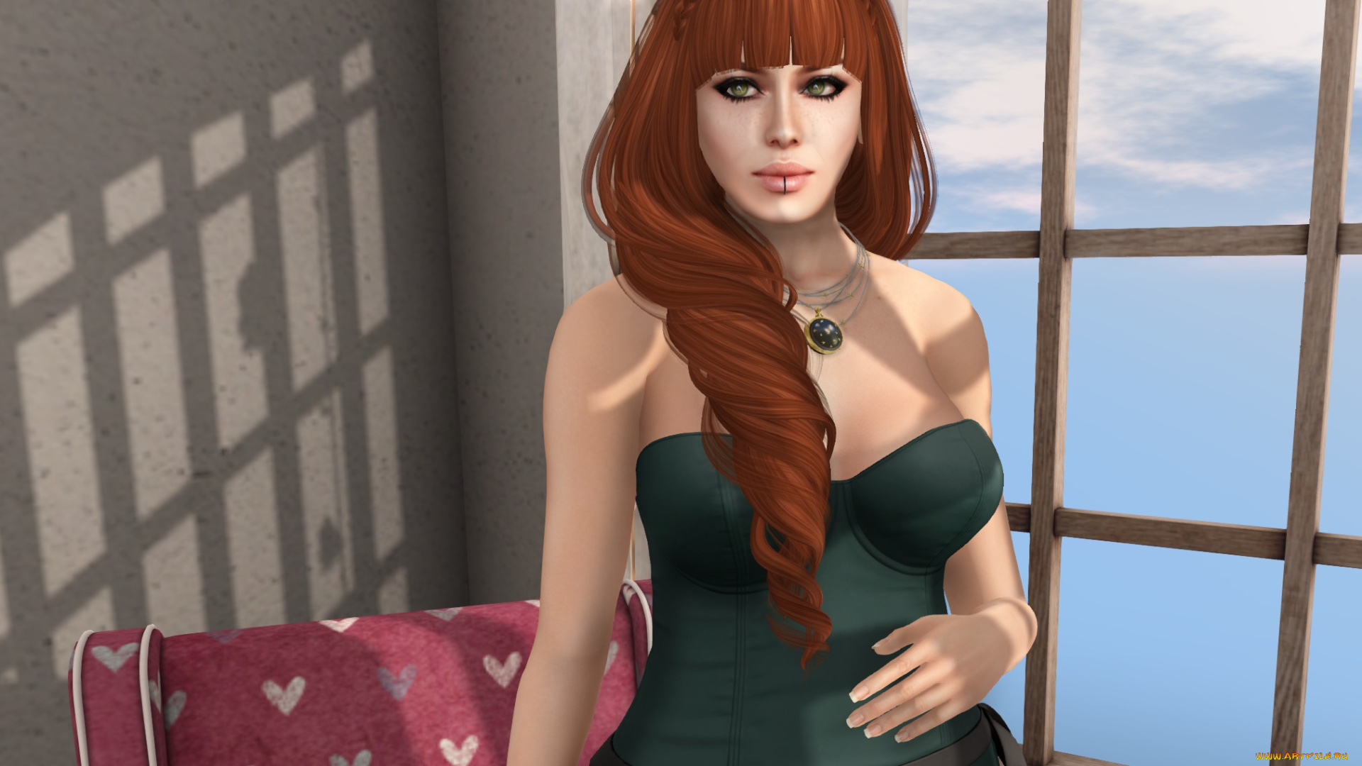 3д, графика, люди, , people, интерьер, рыжая, фон, взгляд, девушка