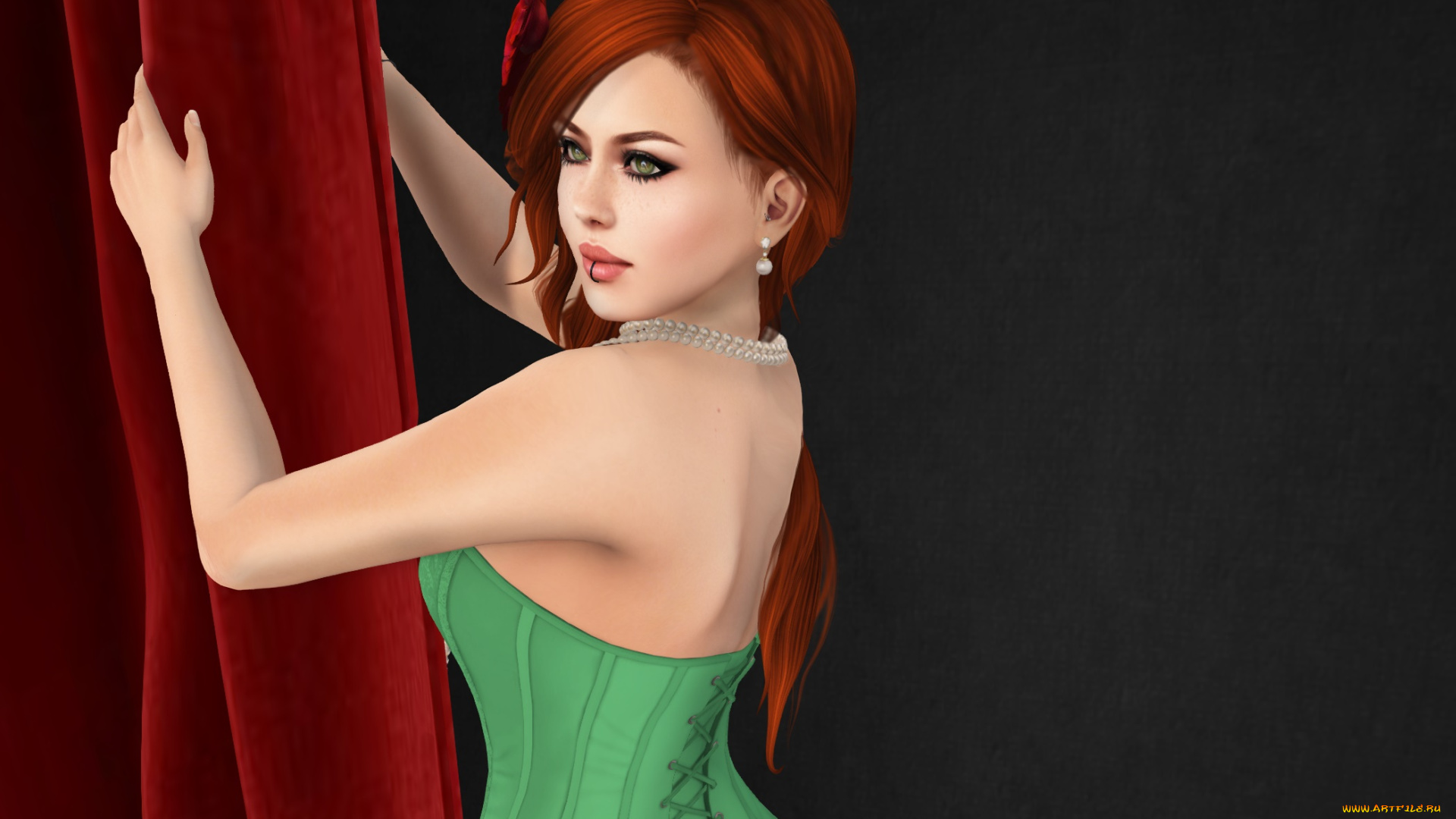3д, графика, люди, , people, рыжая, фон, взгляд, девушка