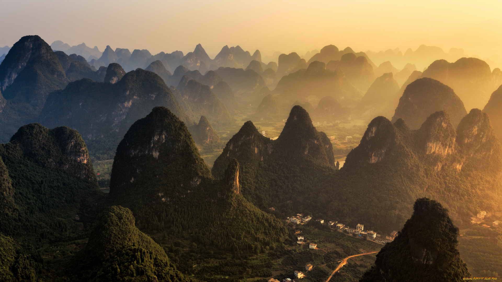 природа, горы, дома, река, китай, деревни, холмы, горизонт, солнце