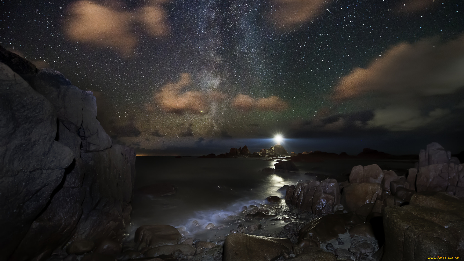 природа, побережье, звезды, ночь
