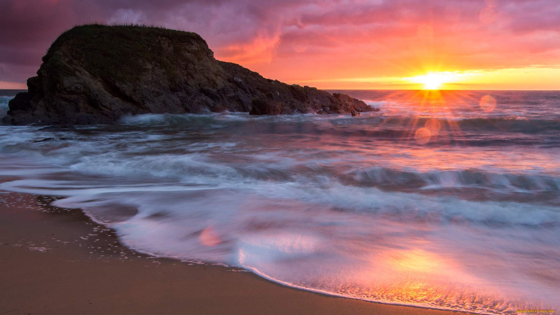 природа, восходы, закаты, закат, волны, скала
