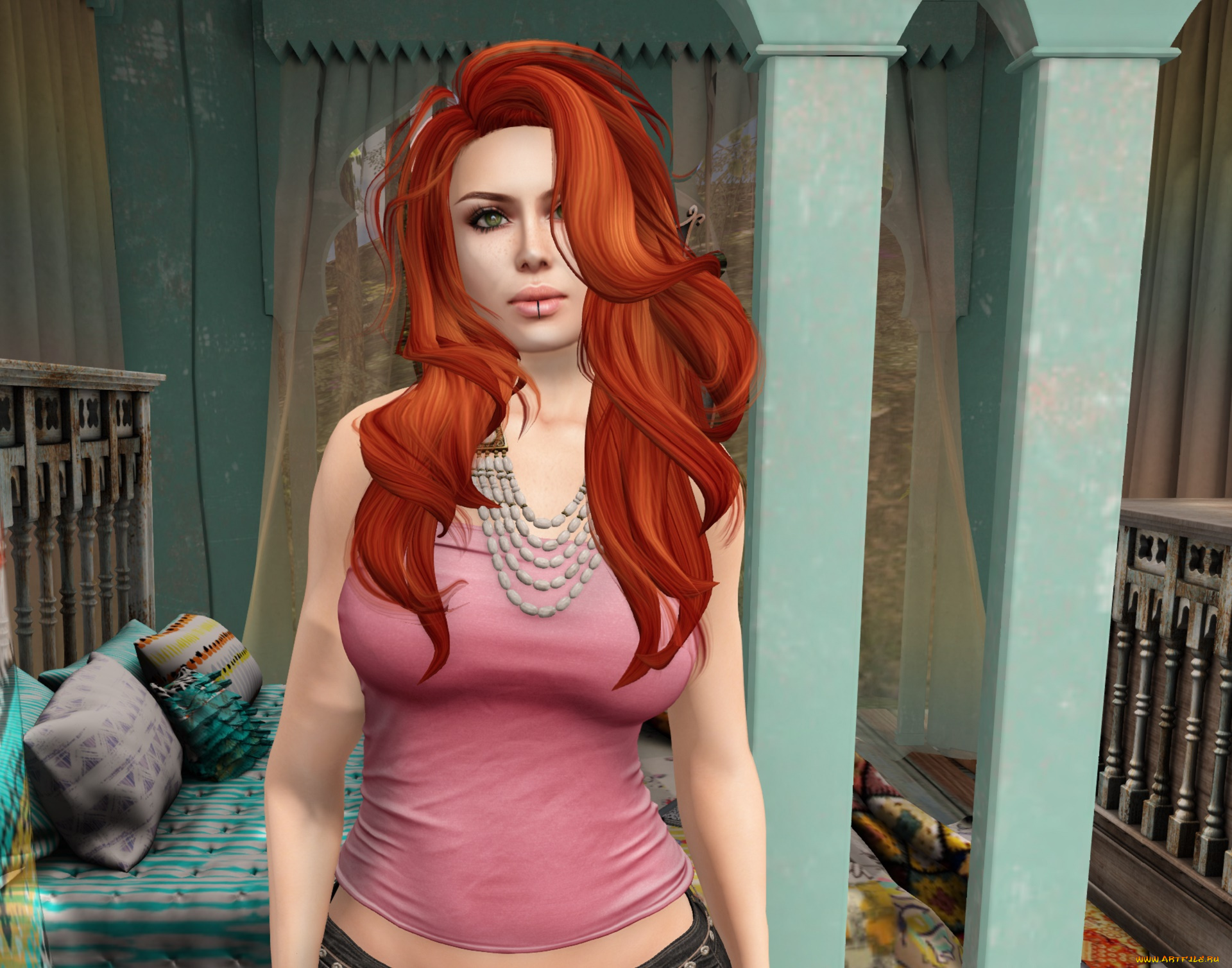 3д, графика, люди, , people, девушка, взгляд, фон, рыжая, интерьер