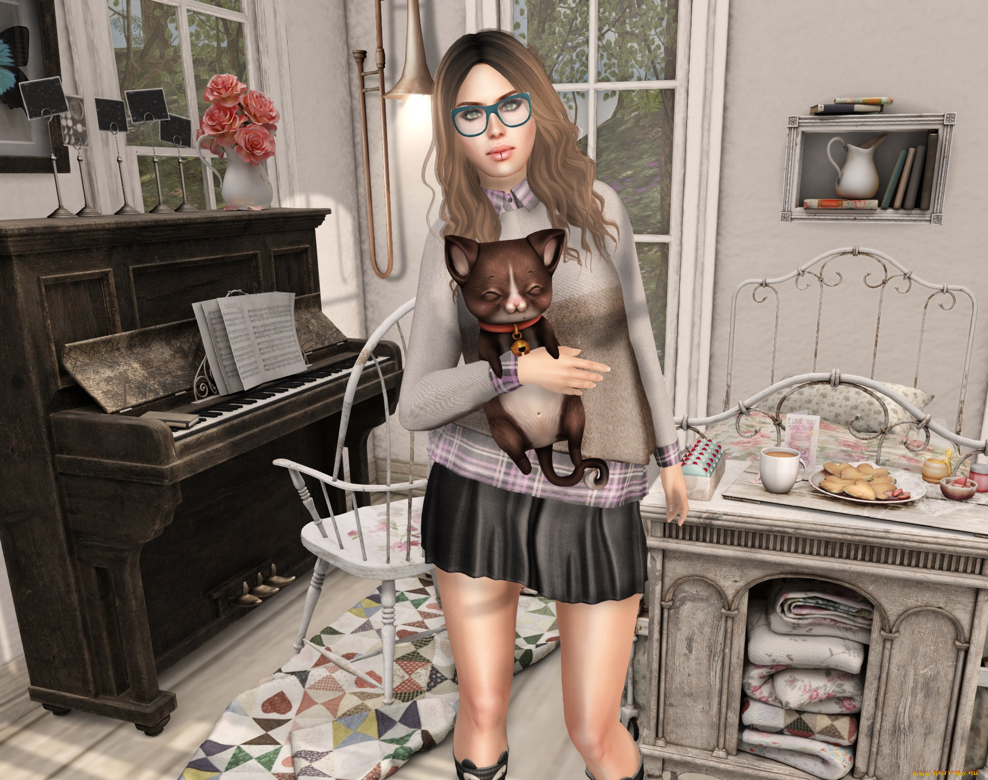 3д, графика, люди, , people, девушка, взгляд, фон, рыжая, интерьер