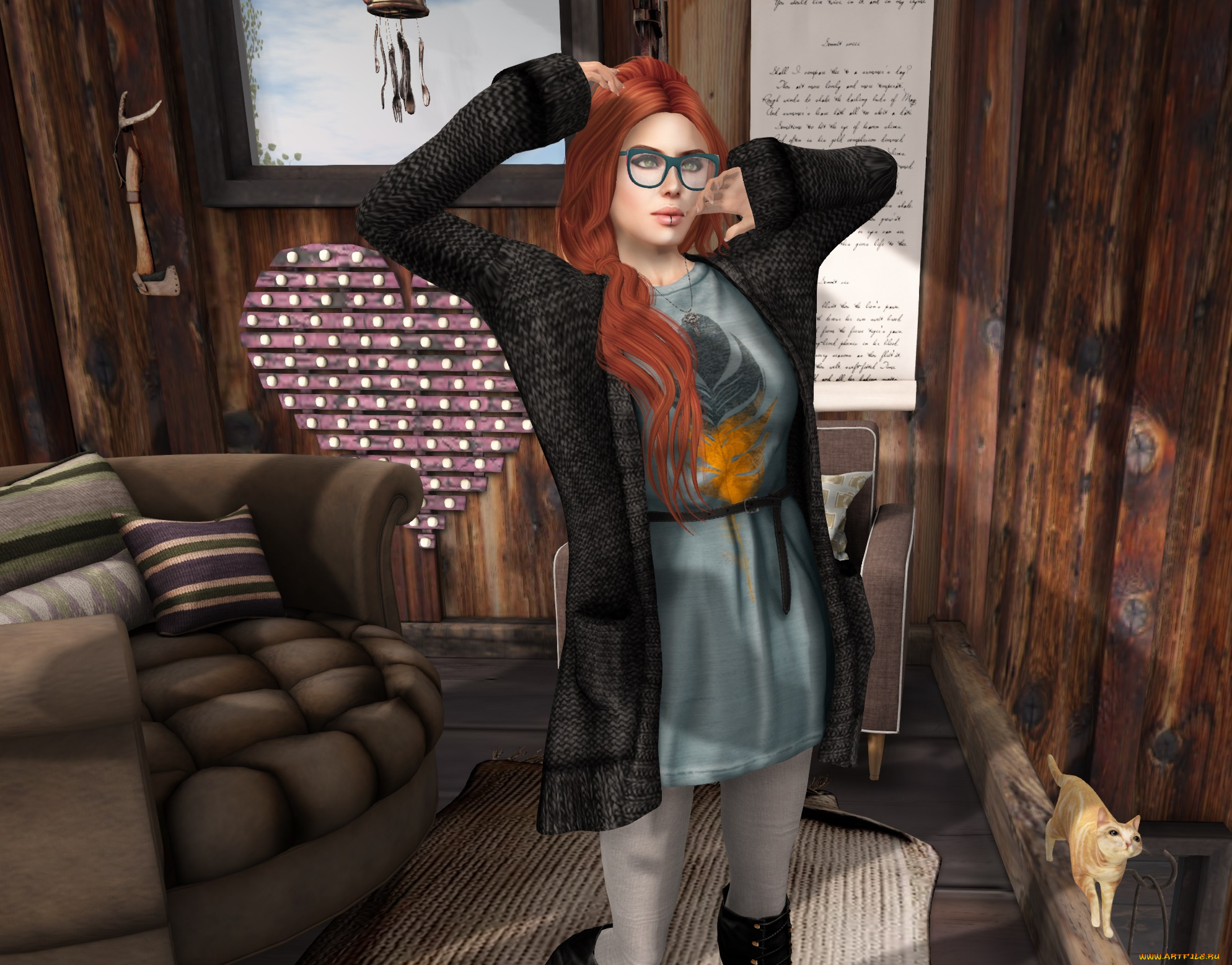 3д, графика, люди, , people, девушка, взгляд, фон, рыжая, интерьер