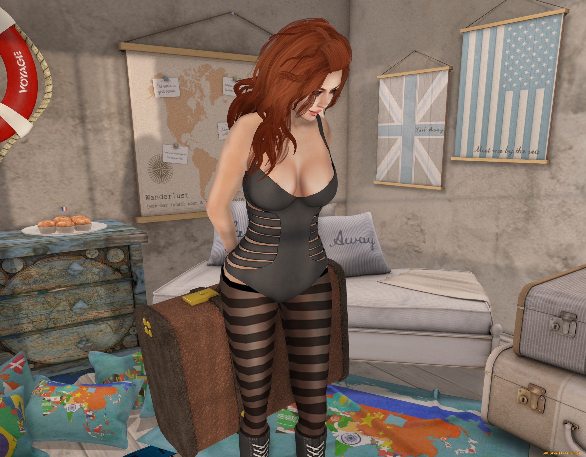 3д, графика, люди, , people, взгляд, фон, рыжая, интерьер, девушка