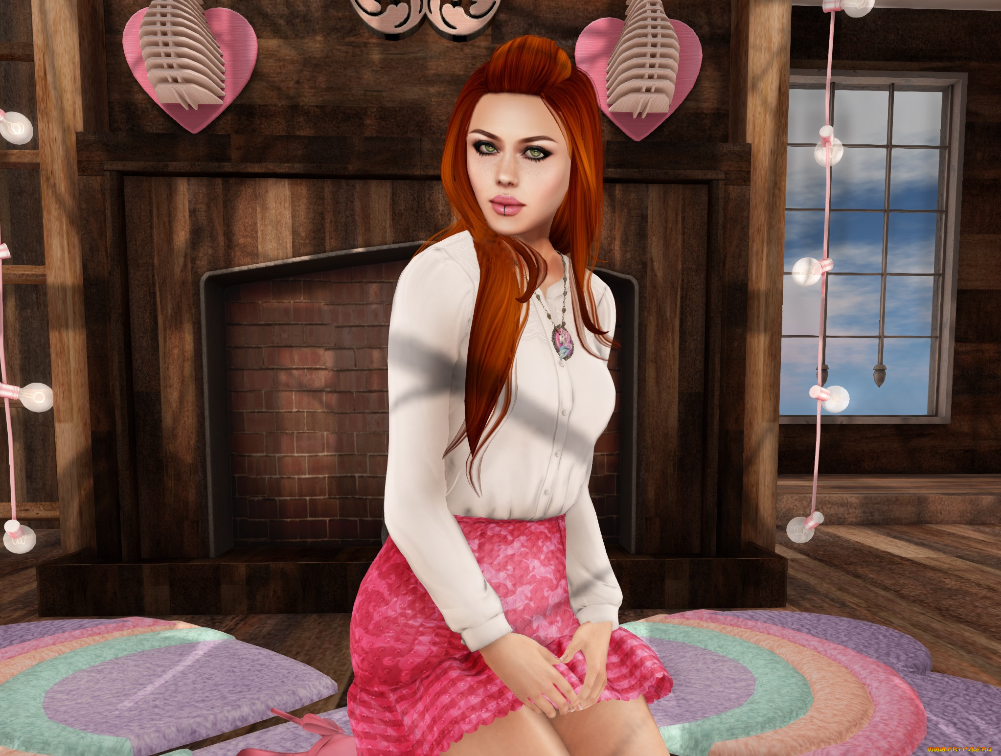 3д, графика, люди, , people, интерьер, рыжая, фон, взгляд, девушка