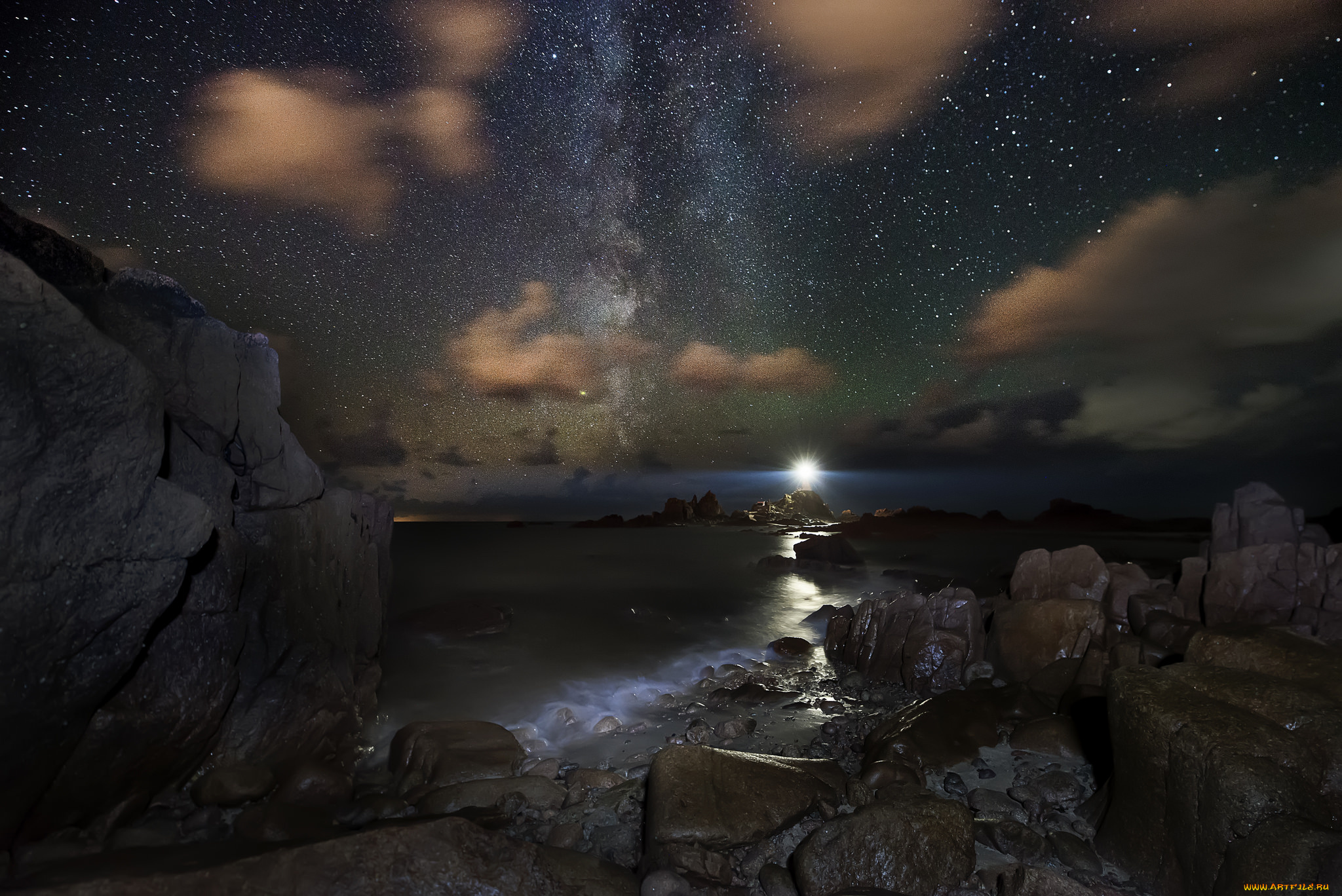 природа, побережье, звезды, ночь