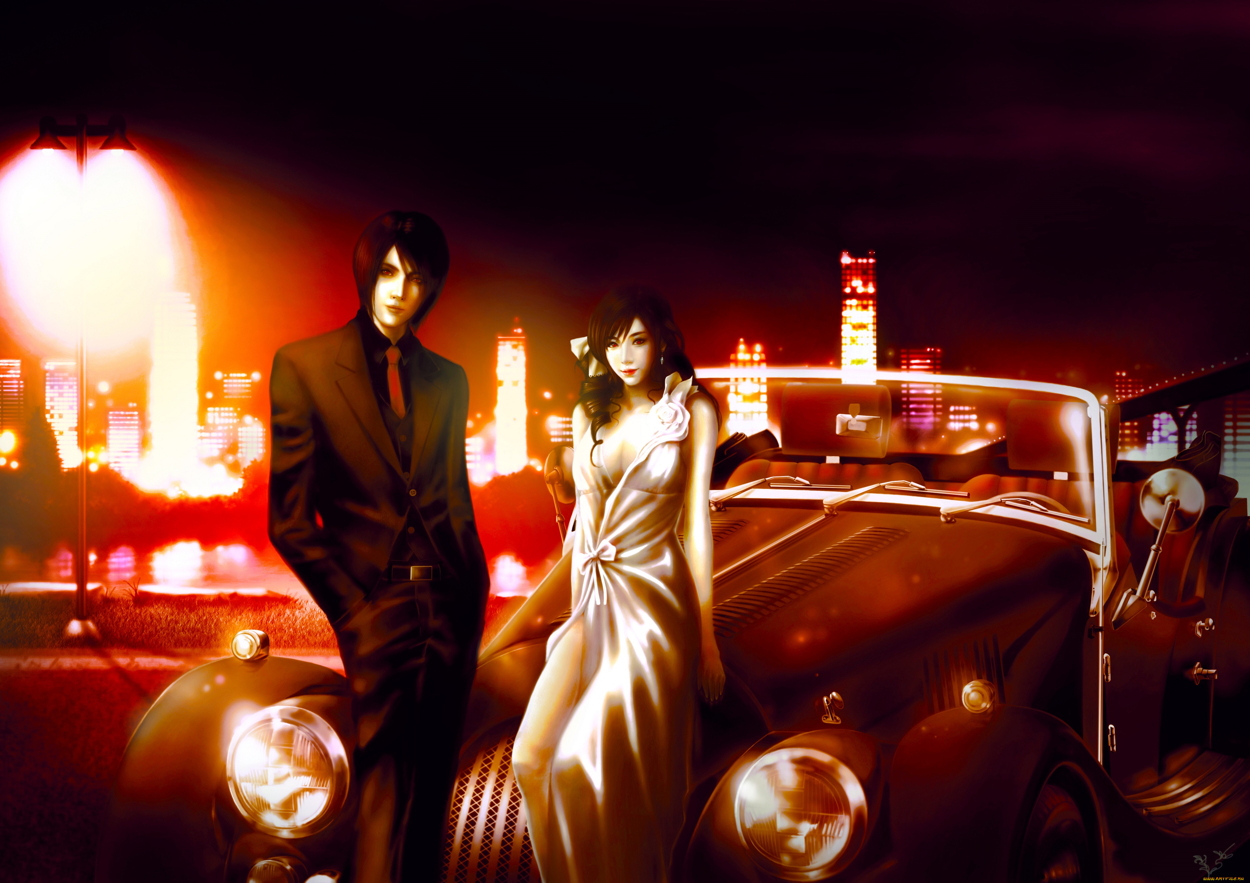 рисованное, люди, девушка, машина, парень