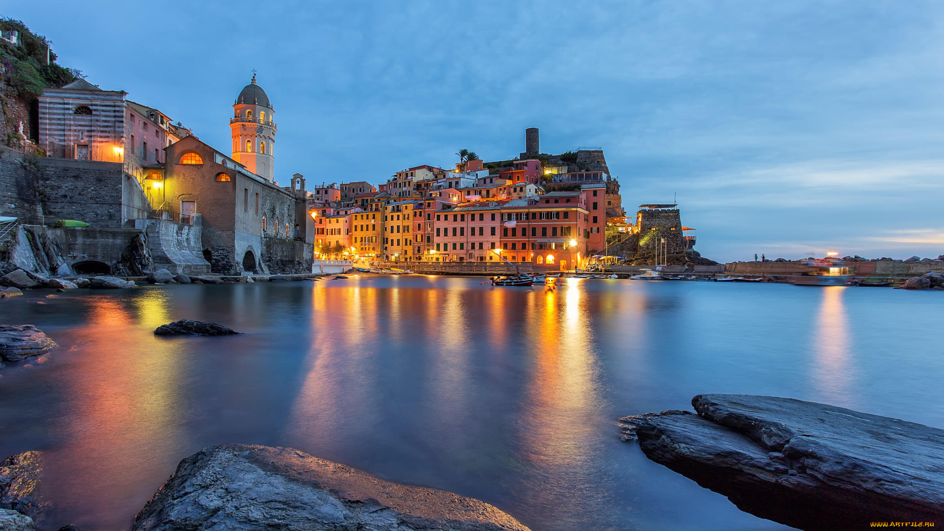 города, -, огни, ночного, города, италия, вернацца, cinque, terre, vernazza