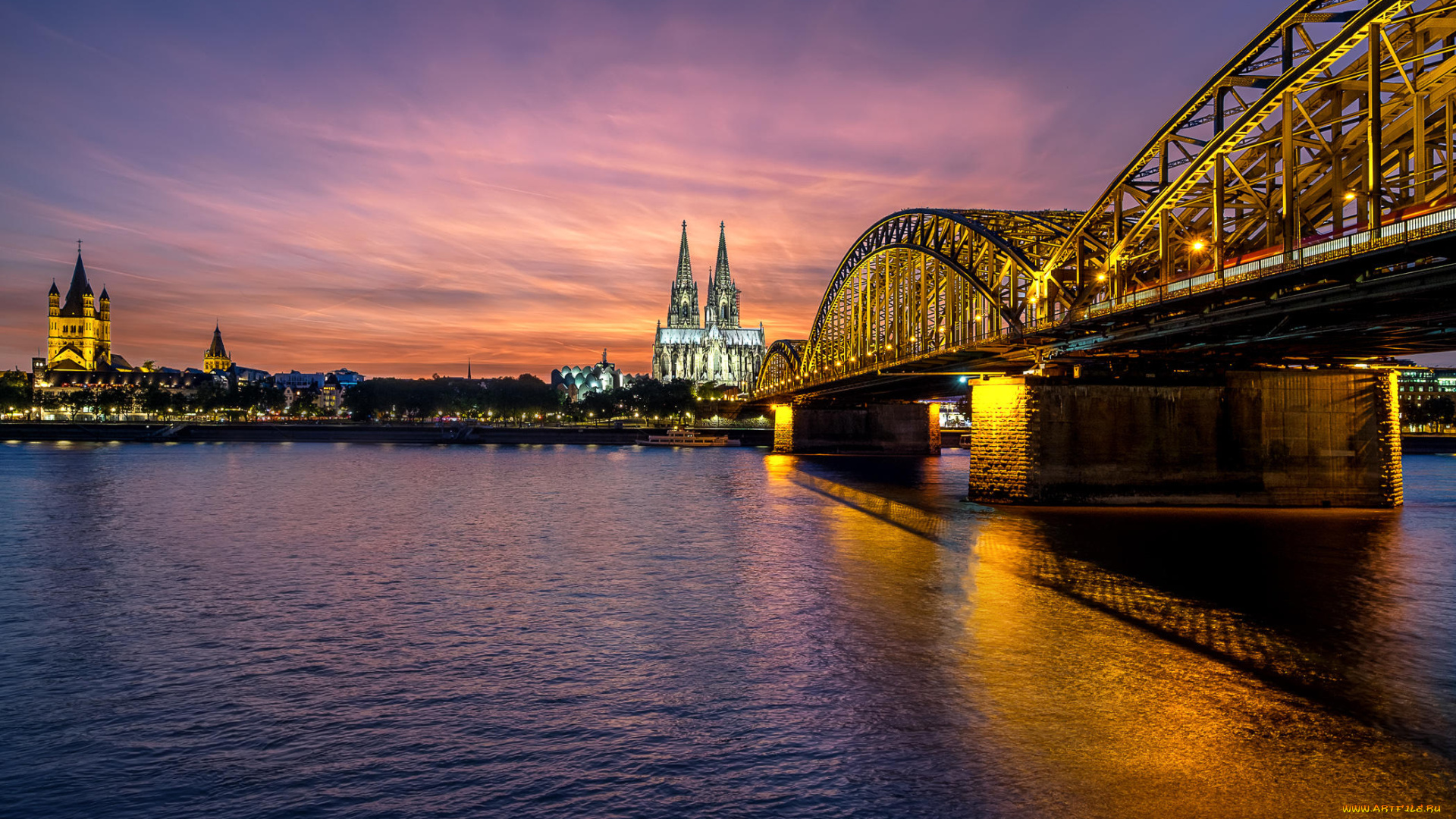 города, кельн, , германия, кельн, закат, кельнский, собор, мост