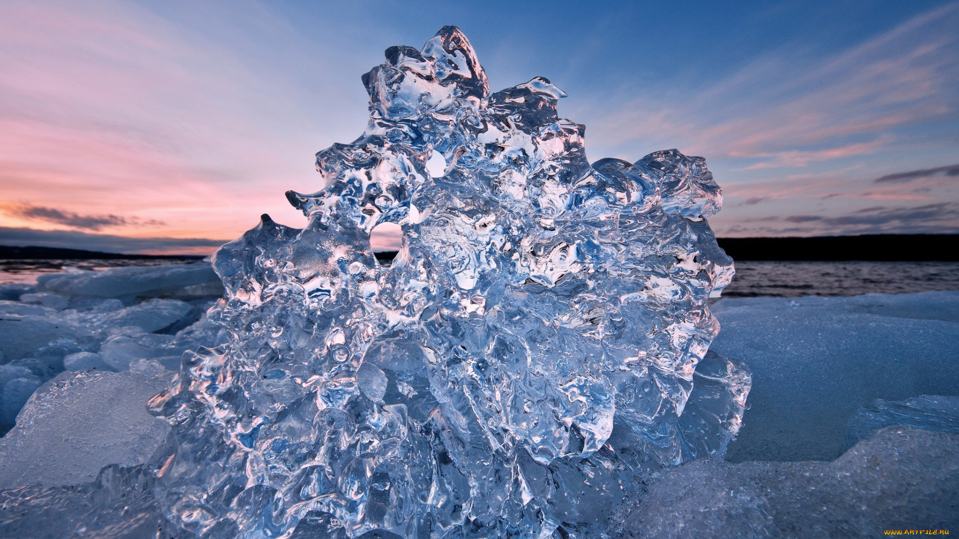 природа, айсберги, и, ледники, море, лед, небо, закат