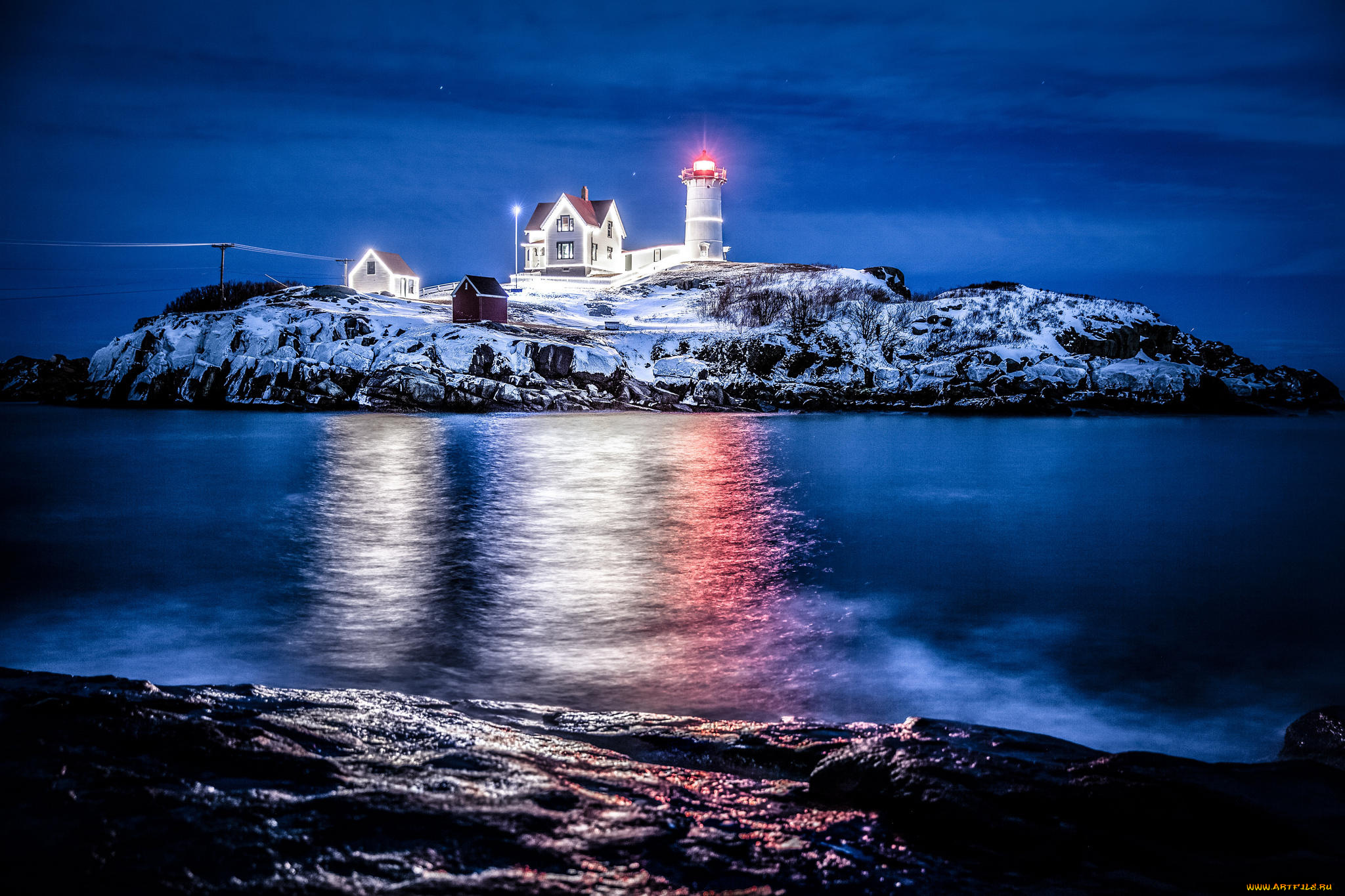 природа, маяки, мыс, неддик, ночь, маяк, штат, мэн, nubble, lighthouse
