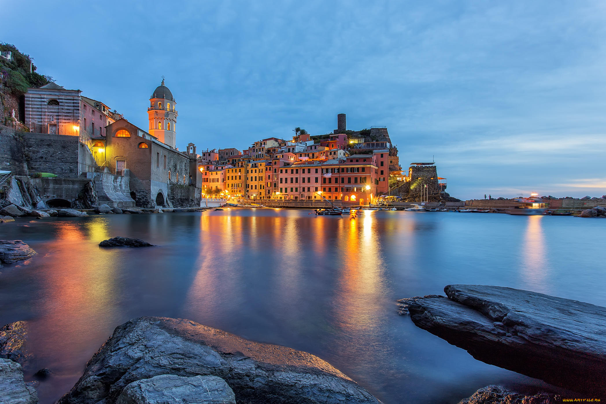 города, -, огни, ночного, города, италия, вернацца, cinque, terre, vernazza