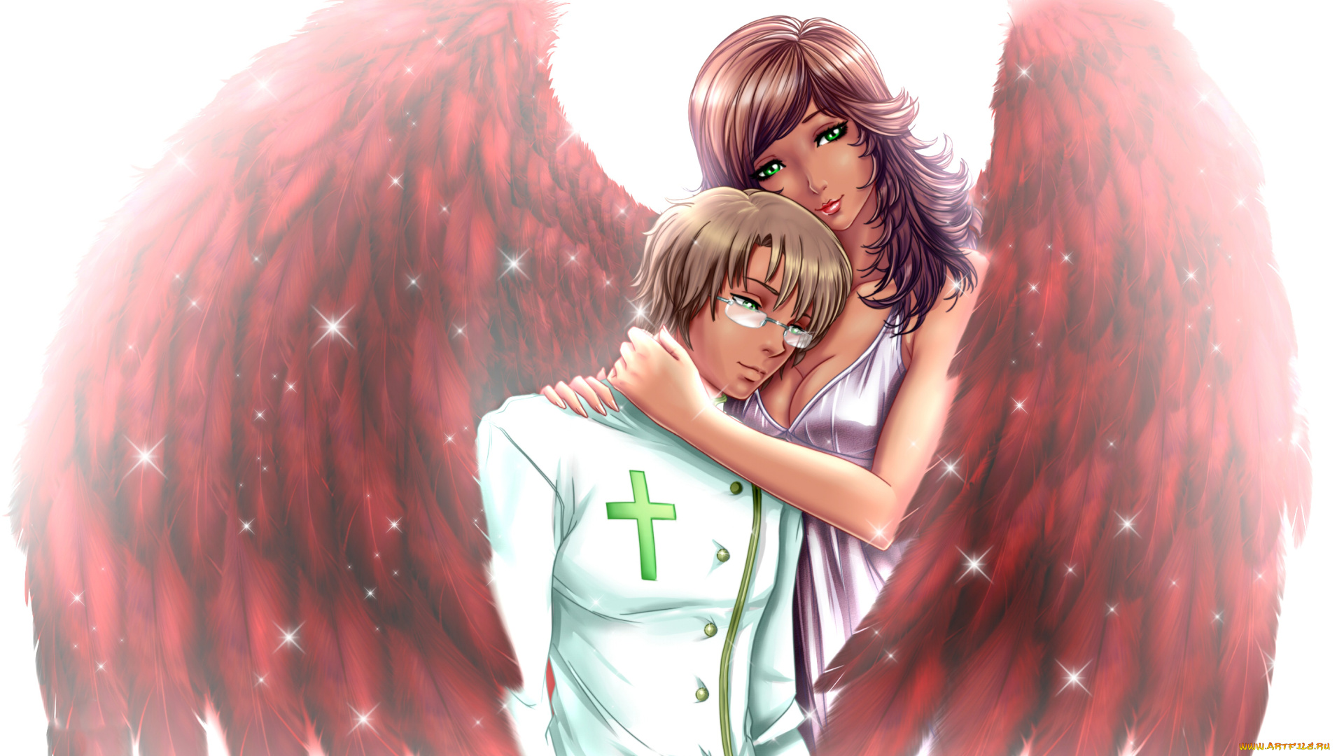 аниме, ангелы, , демоны, крылья, фон, мужчина, девушка