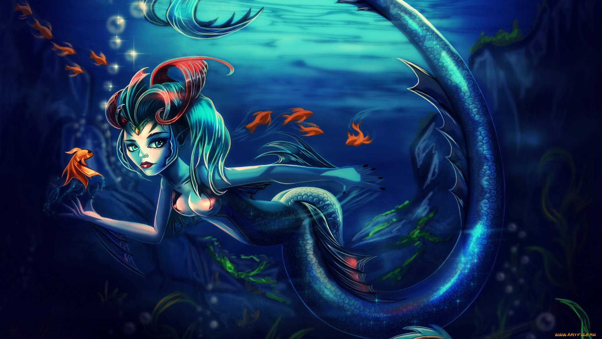 фэнтези, существа, девушка, фон, существо, взгляд, рыбки