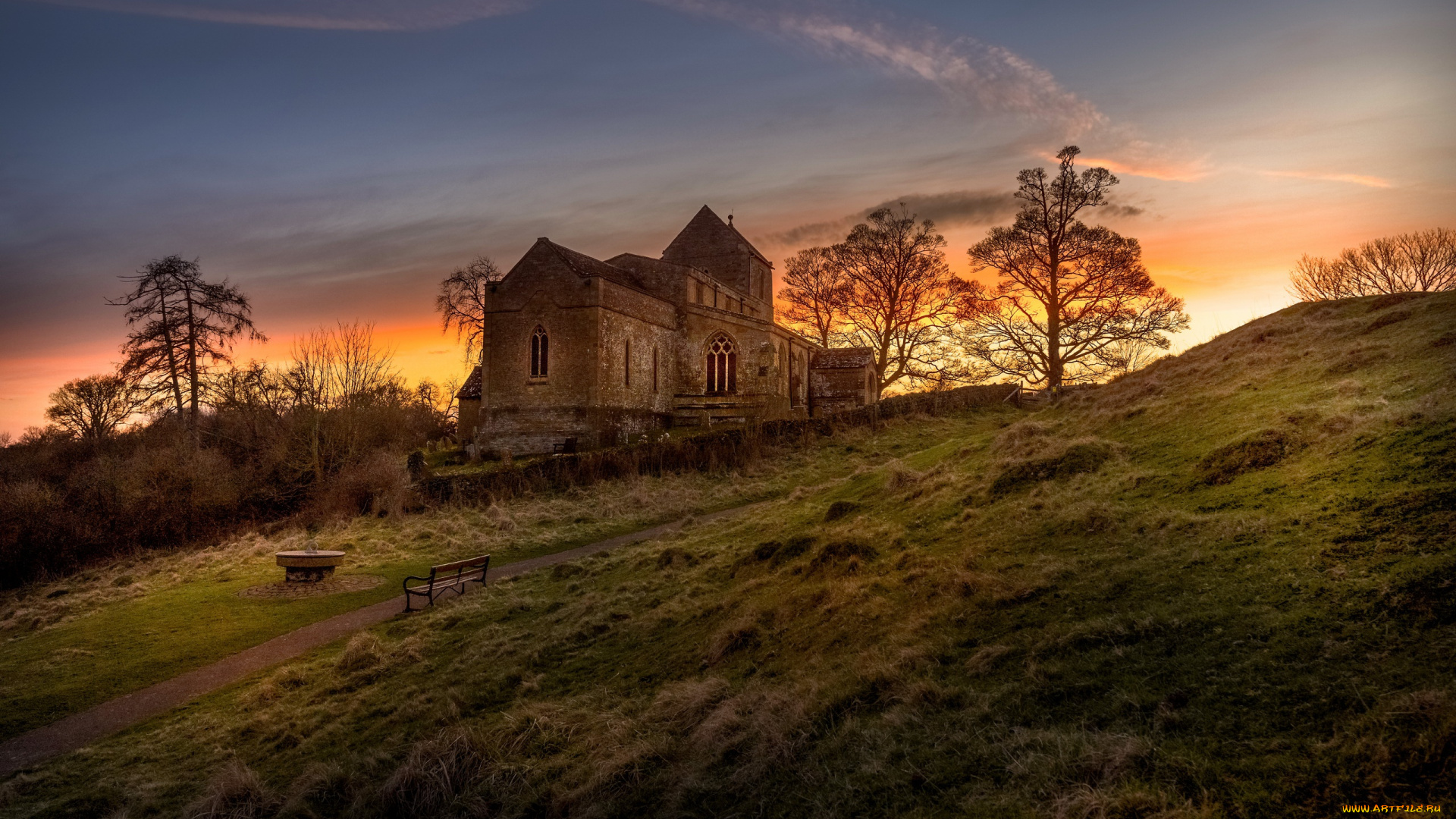 разное, развалины, , руины, , металлолом, закат, дом, скамья