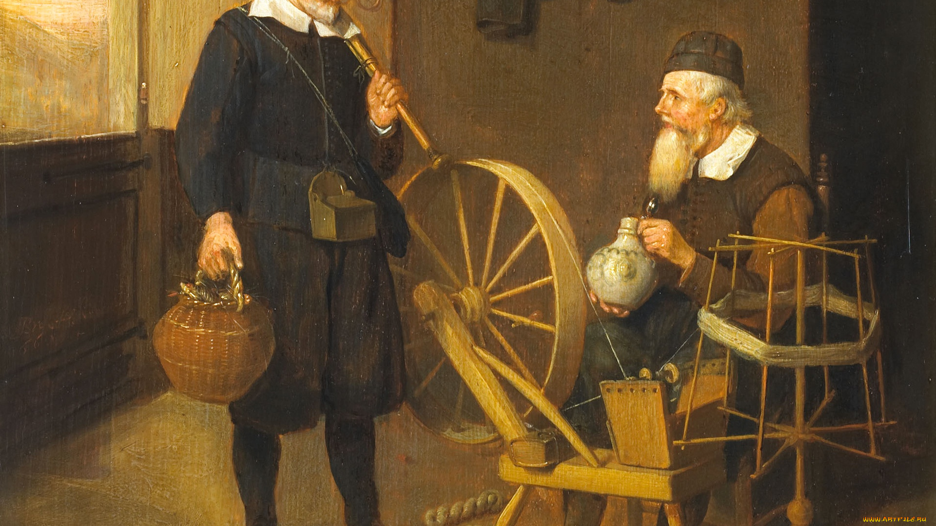 рисованное, живопись, квирин, ван, брекеленкам, окно, прялка, картина, удочка, интерьер, с, рыболовом, и, прядильщиком, жанровая