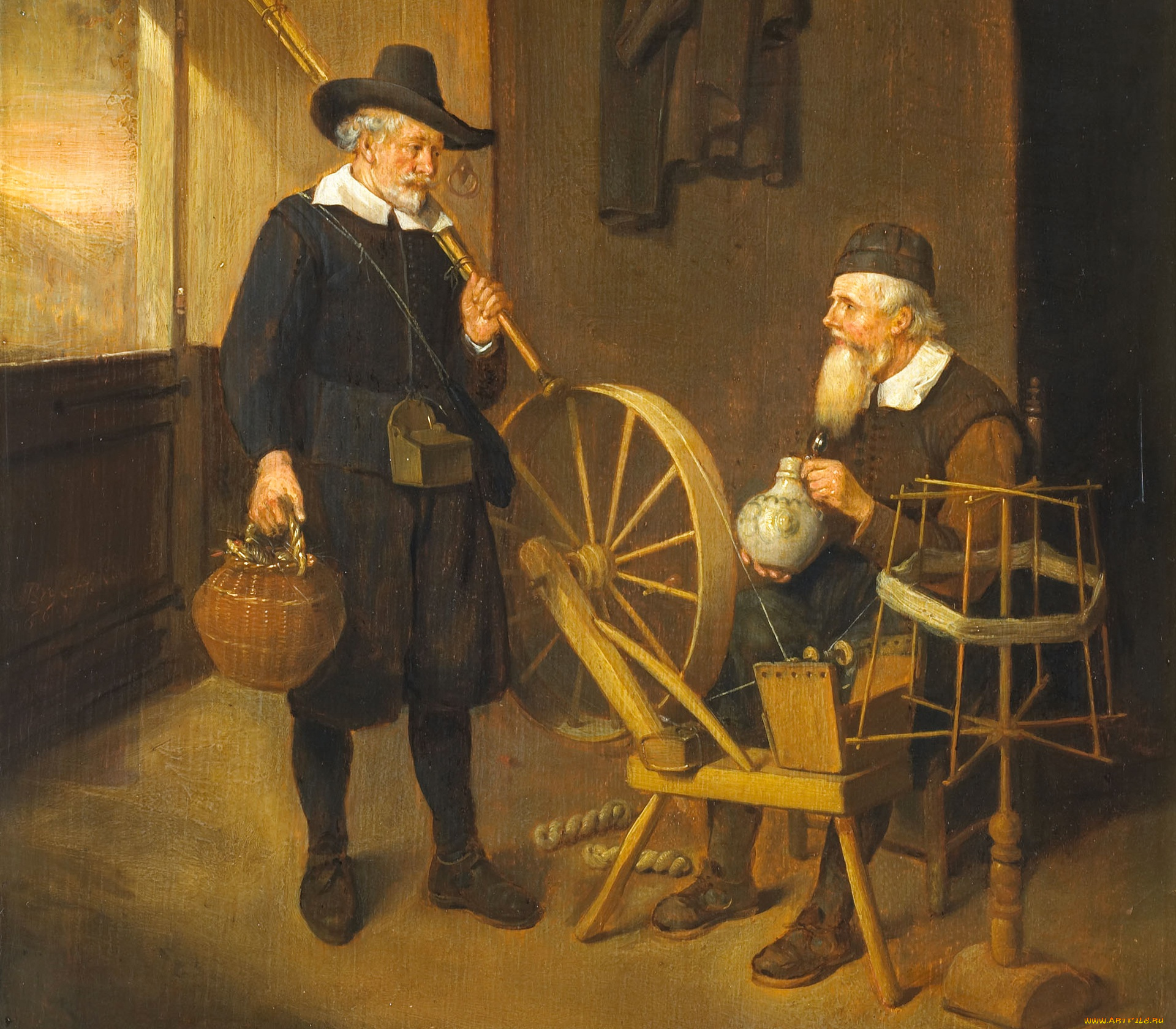 рисованное, живопись, квирин, ван, брекеленкам, окно, прялка, картина, удочка, интерьер, с, рыболовом, и, прядильщиком, жанровая