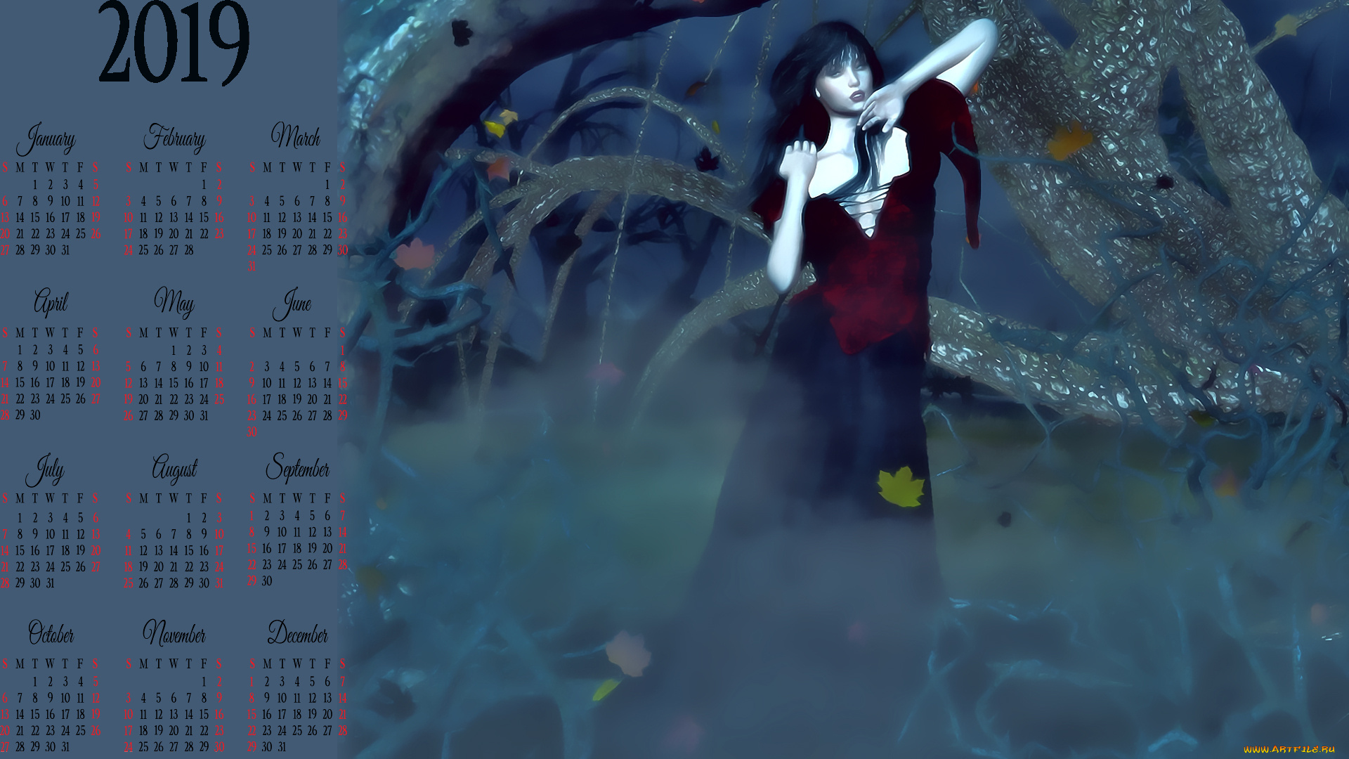 календари, 3д-графика, листья, девушка