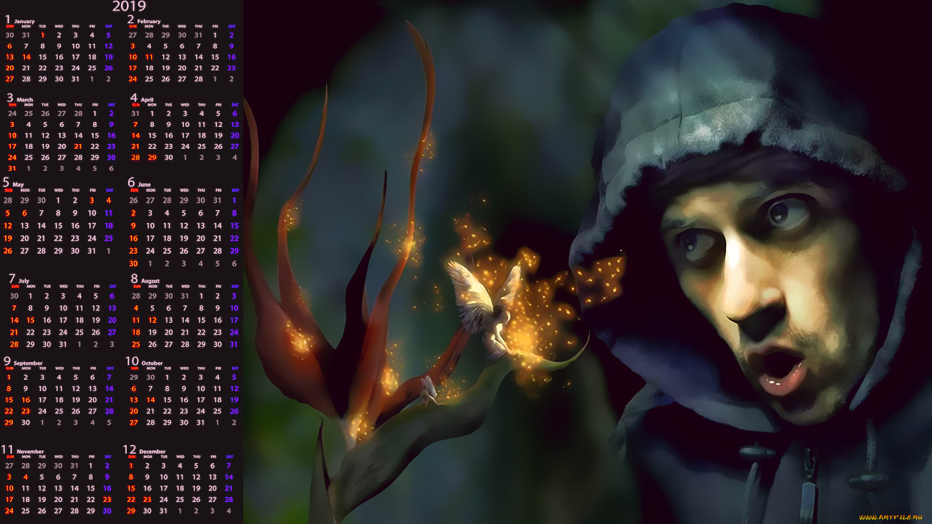 календари, фэнтези, фея, капюшон, лицо, мужчина