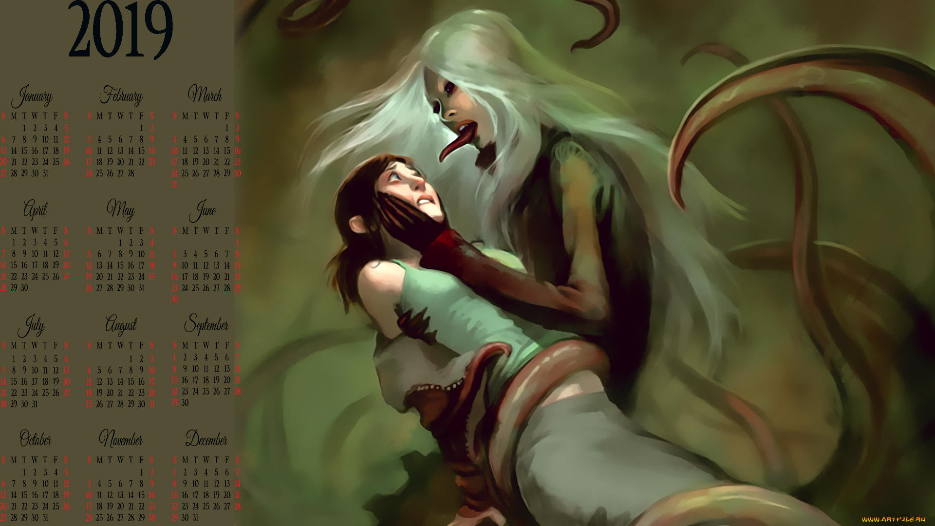 календари, фэнтези, щупальце, существо, девушка