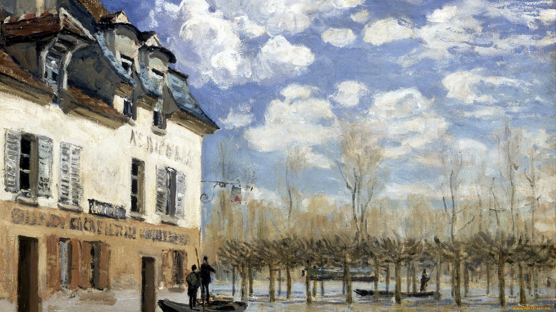 boat, in, the, flood, at, port-marly, рисованное, alfred, sisley, небо, облака, здание, люди, лодка, наводнение, деревья