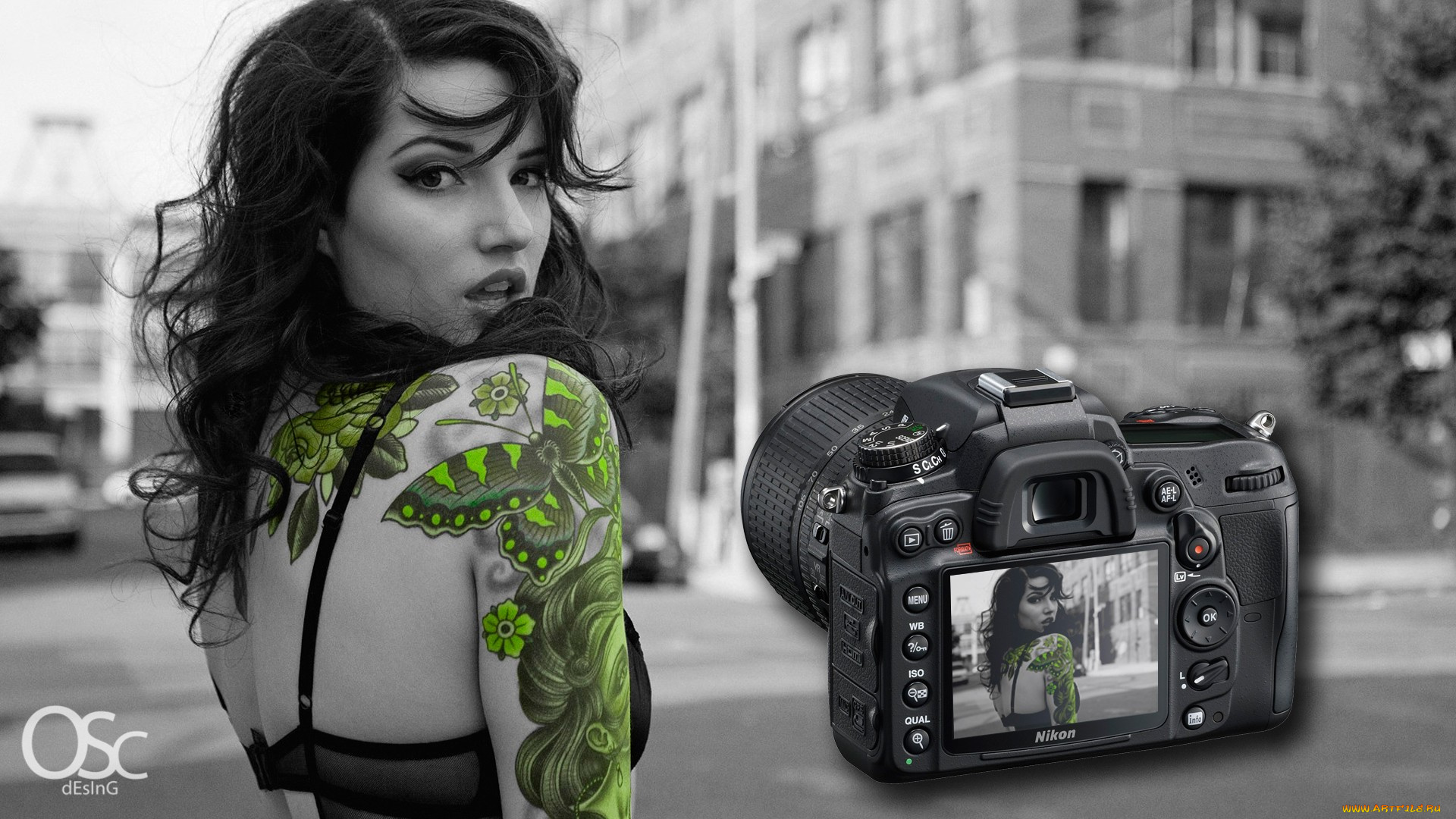 бренды, nikon, профессиональная, фотокамера, девушка, татуировки