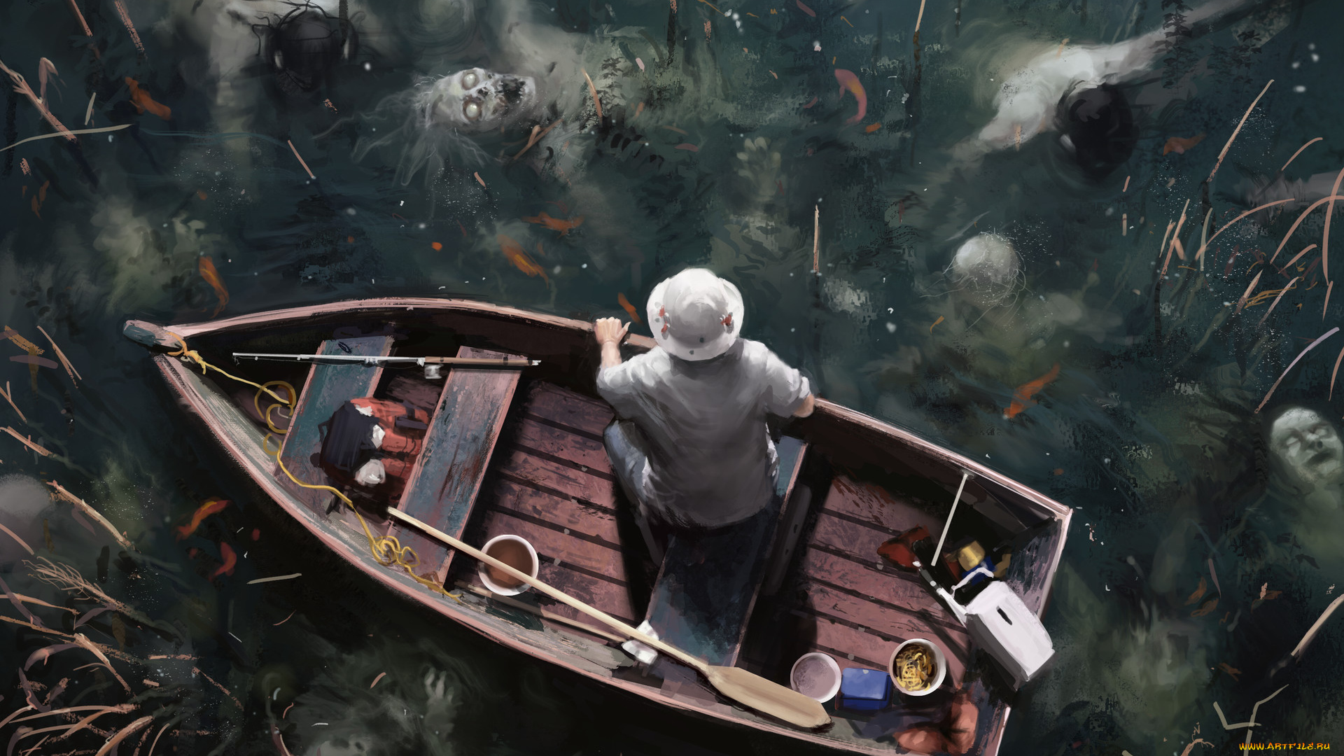 фэнтези, нежить, человек, лодка, озеро, умертвия