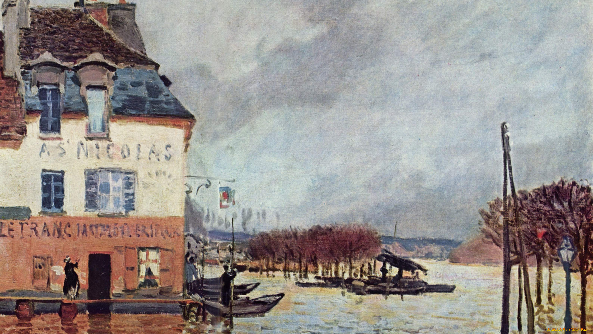 flood, at, port-marly, рисованное, alfred, sisley, здание, люди, лодки, наводнение, деревья