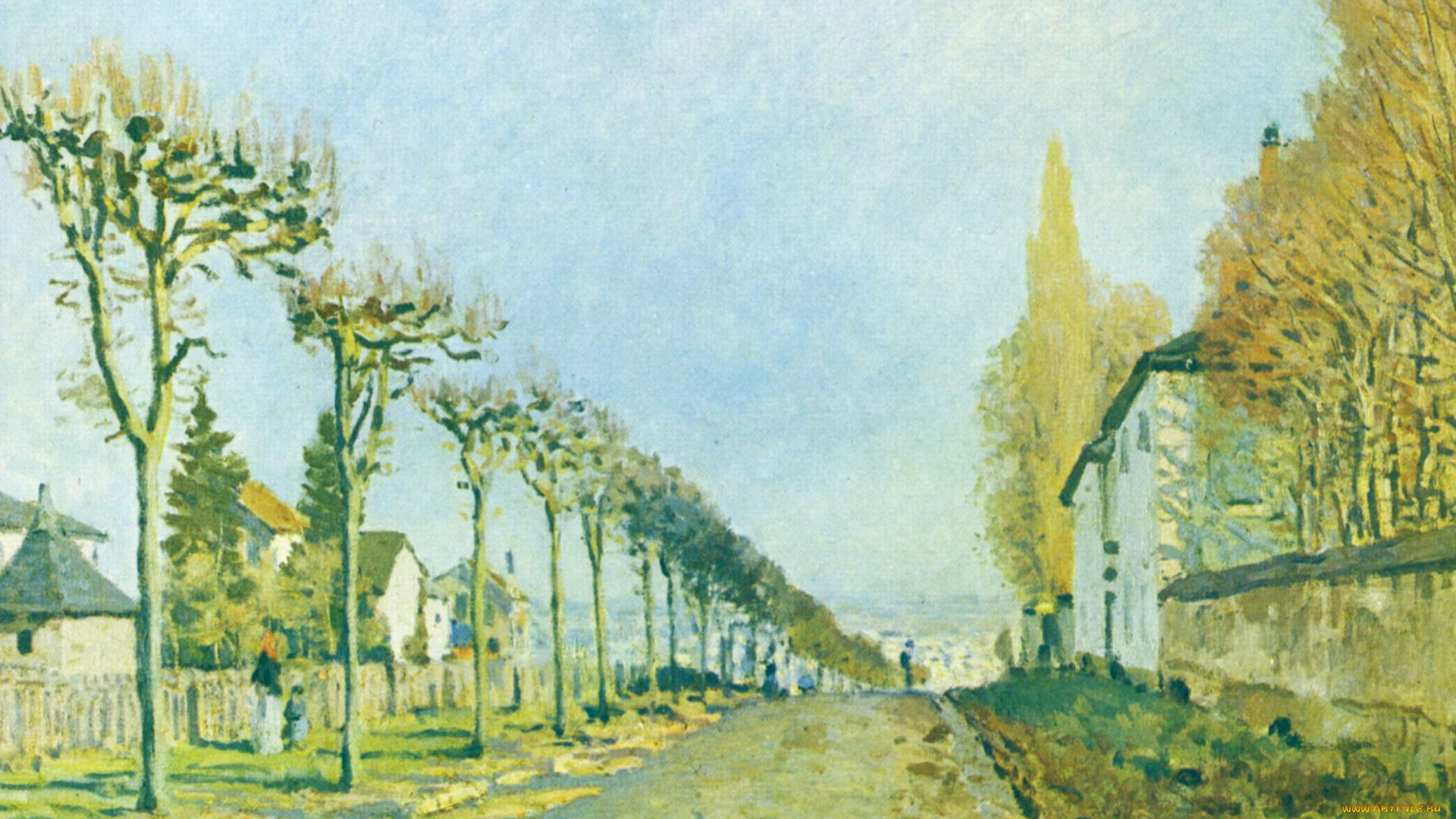 рисованное, alfred, sisley, аллея, улица, деревья, дома, живопись