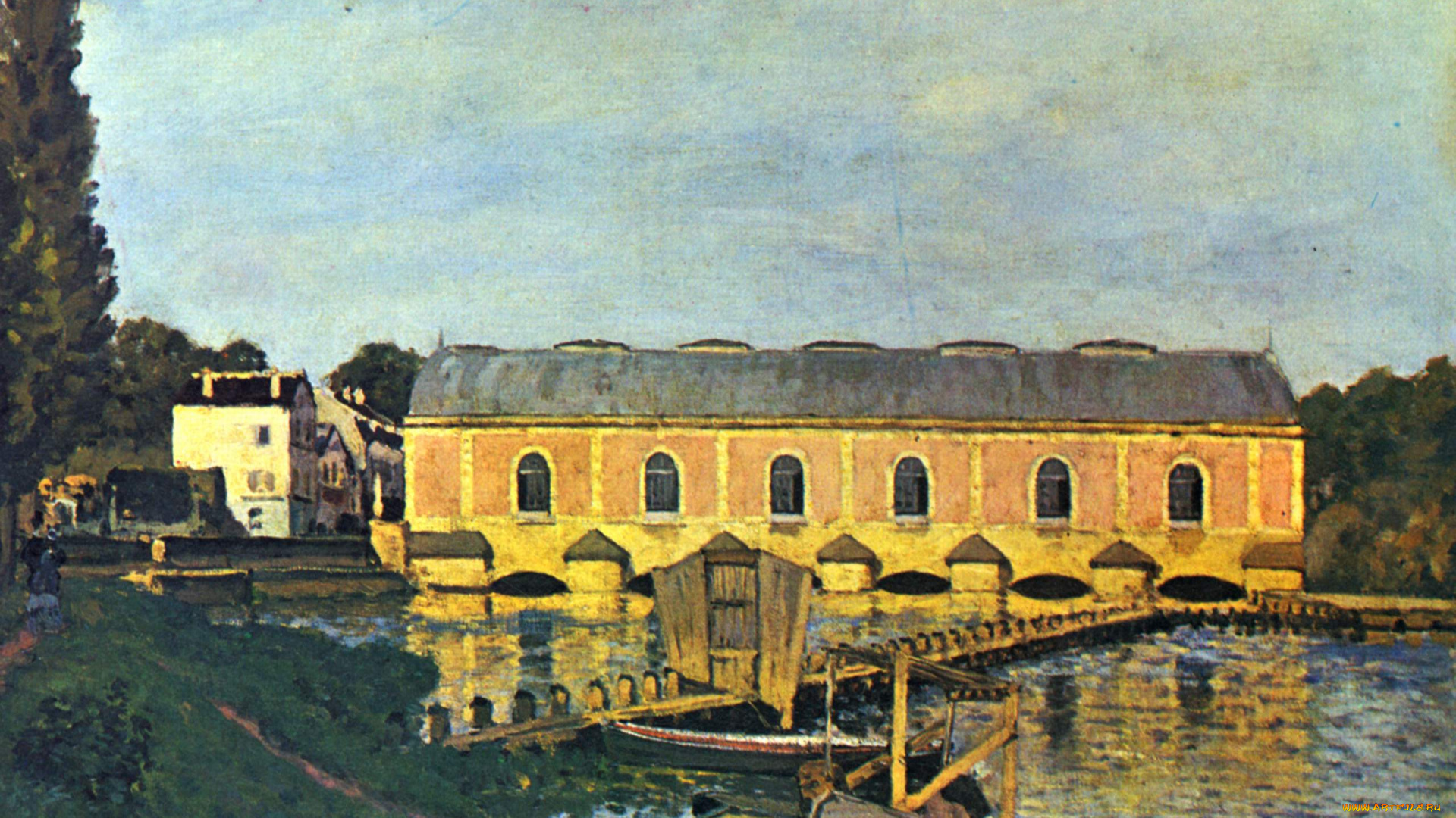 рисованное, alfred, sisley, река, мост, лодки, здания, живопись