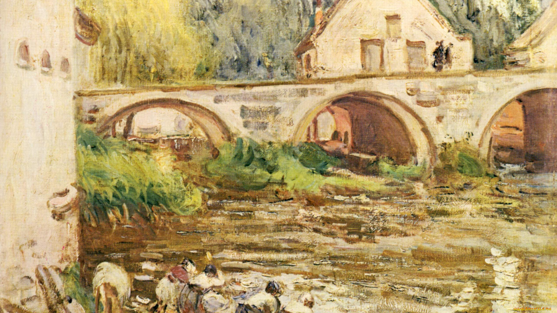 рисованное, alfred, sisley, живопись, здания, мост, люди