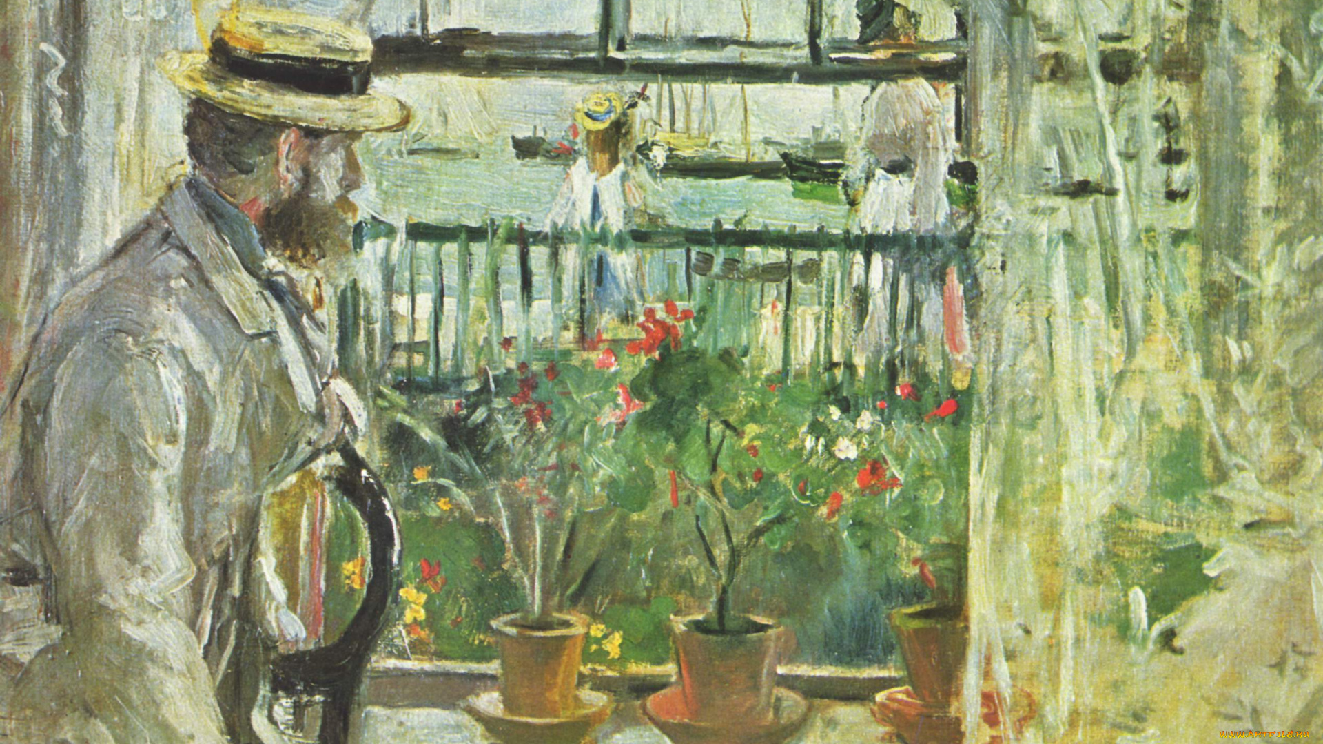 рисованное, berthe, morisot, мужчина, окно, цветы, женщина, девочка
