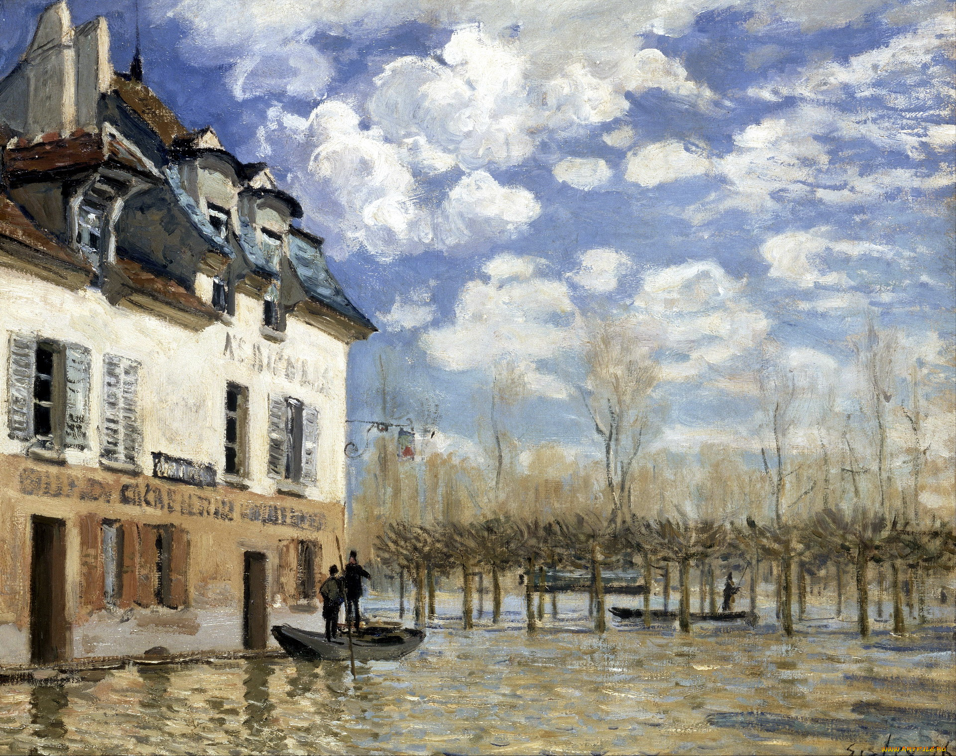 boat, in, the, flood, at, port-marly, рисованное, alfred, sisley, небо, облака, здание, люди, лодка, наводнение, деревья