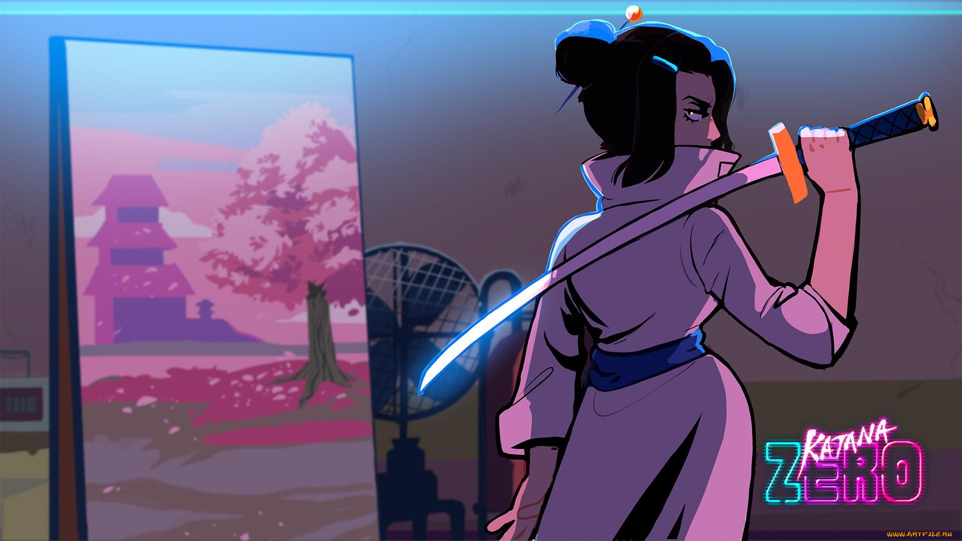 видео, игры, katana, zero, девушка, меч, рисунок, вентилятор