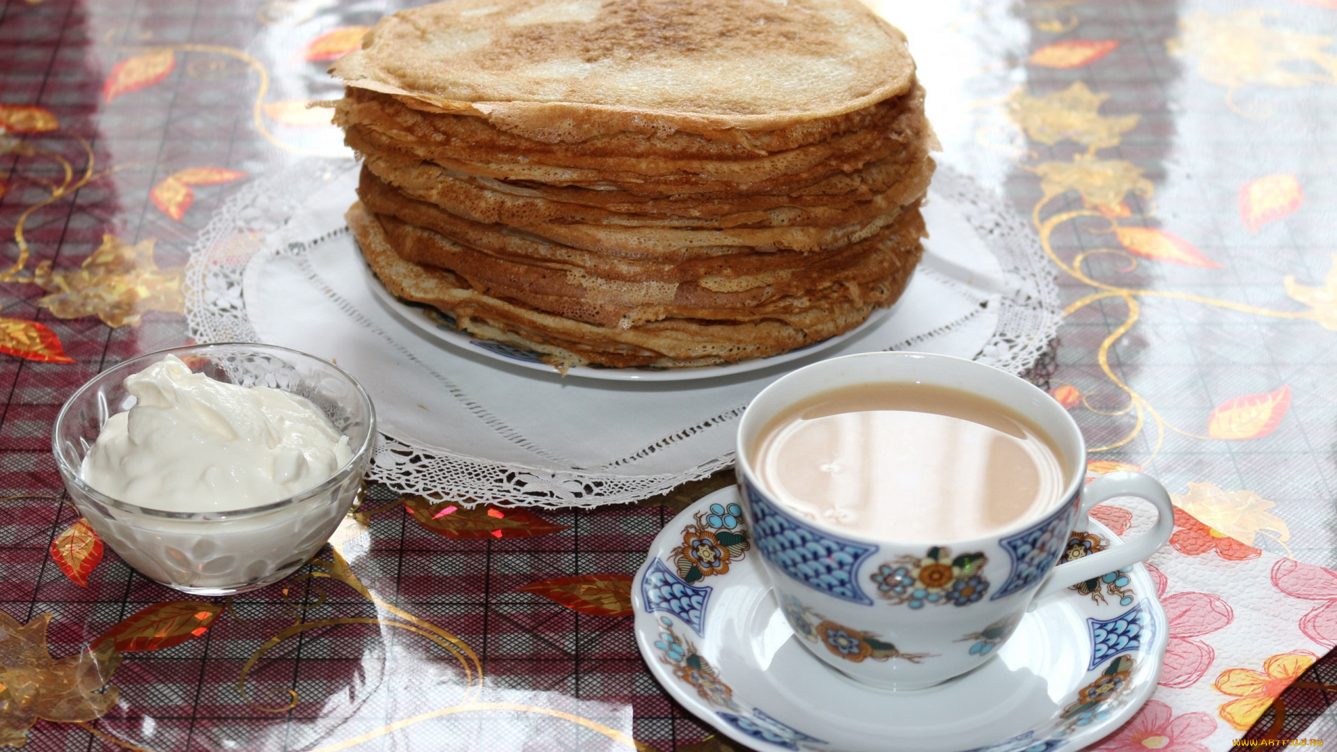 еда, блины, , оладьи, сметана, кофе
