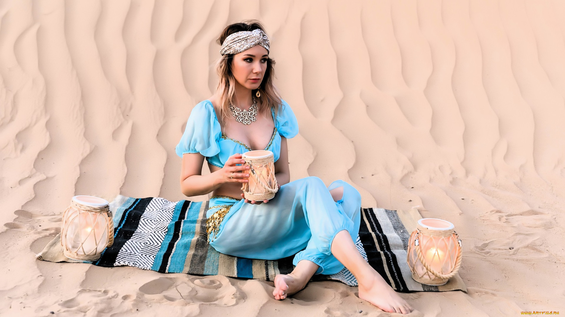 девушки, -, блондинки, , светловолосые, блондинка, тюрбан, костюм, кувшин, пустыня