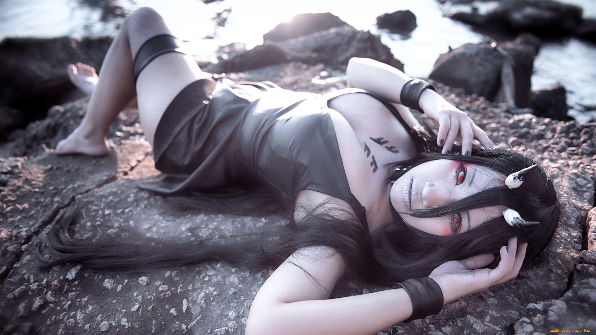 девушки, -, креатив, , косплей, образ, камни, озеро, берег