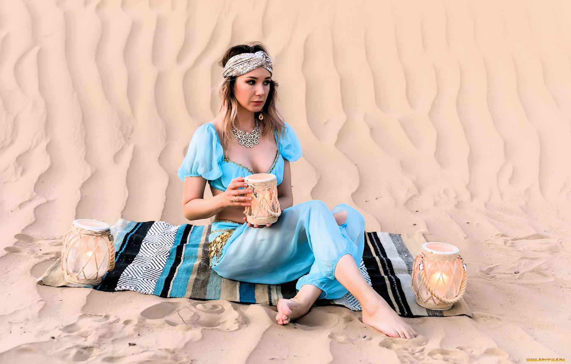 девушки, -, блондинки, , светловолосые, блондинка, тюрбан, костюм, кувшин, пустыня