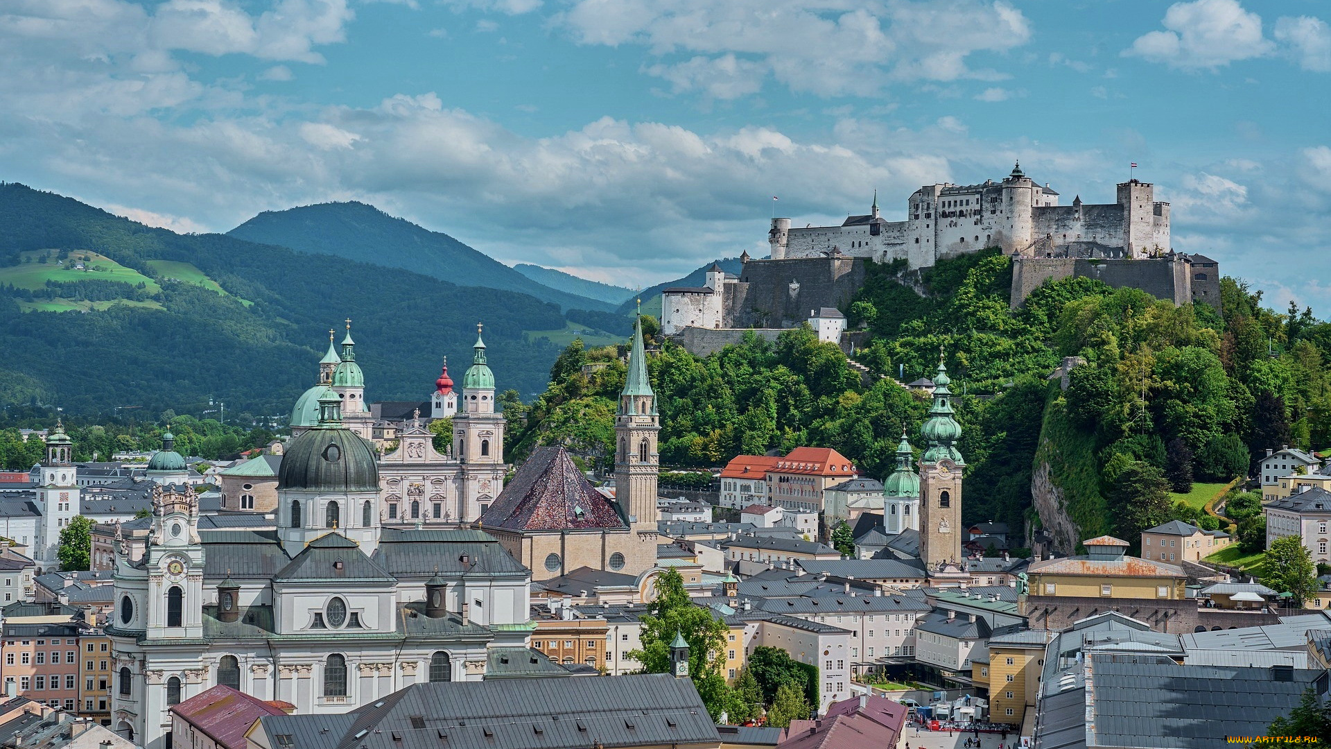 города, зальцбург, , австрия, горы, замок, панорама