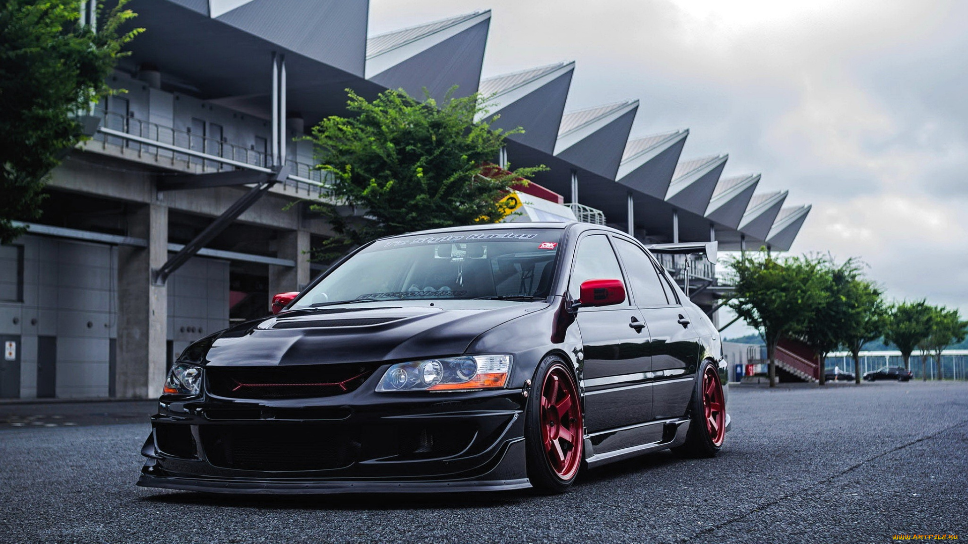 mitsubishi, lancer, evolution, автомобили, mitsubishi, черный, здание, деревья