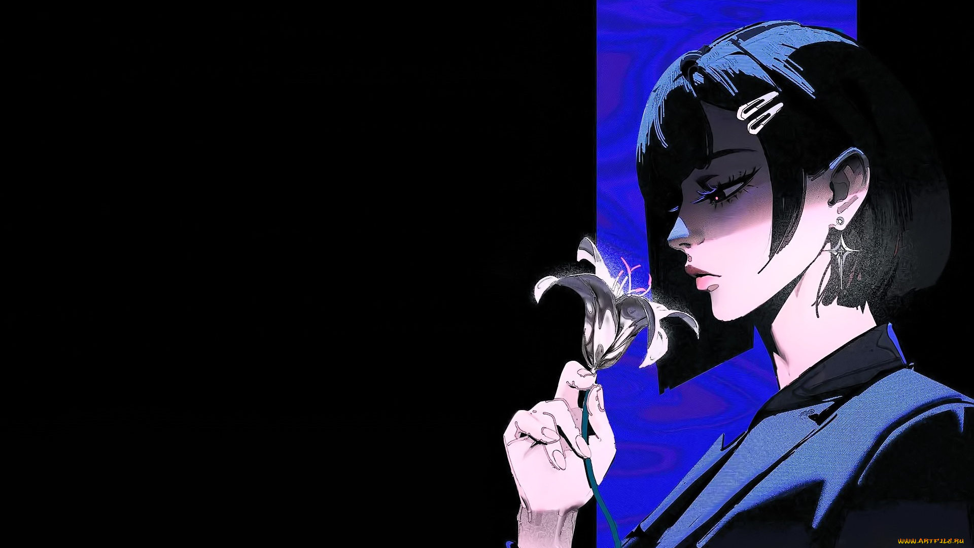 рисованное, люди, девушка, брюнетка, заколки, цветок, пиджак