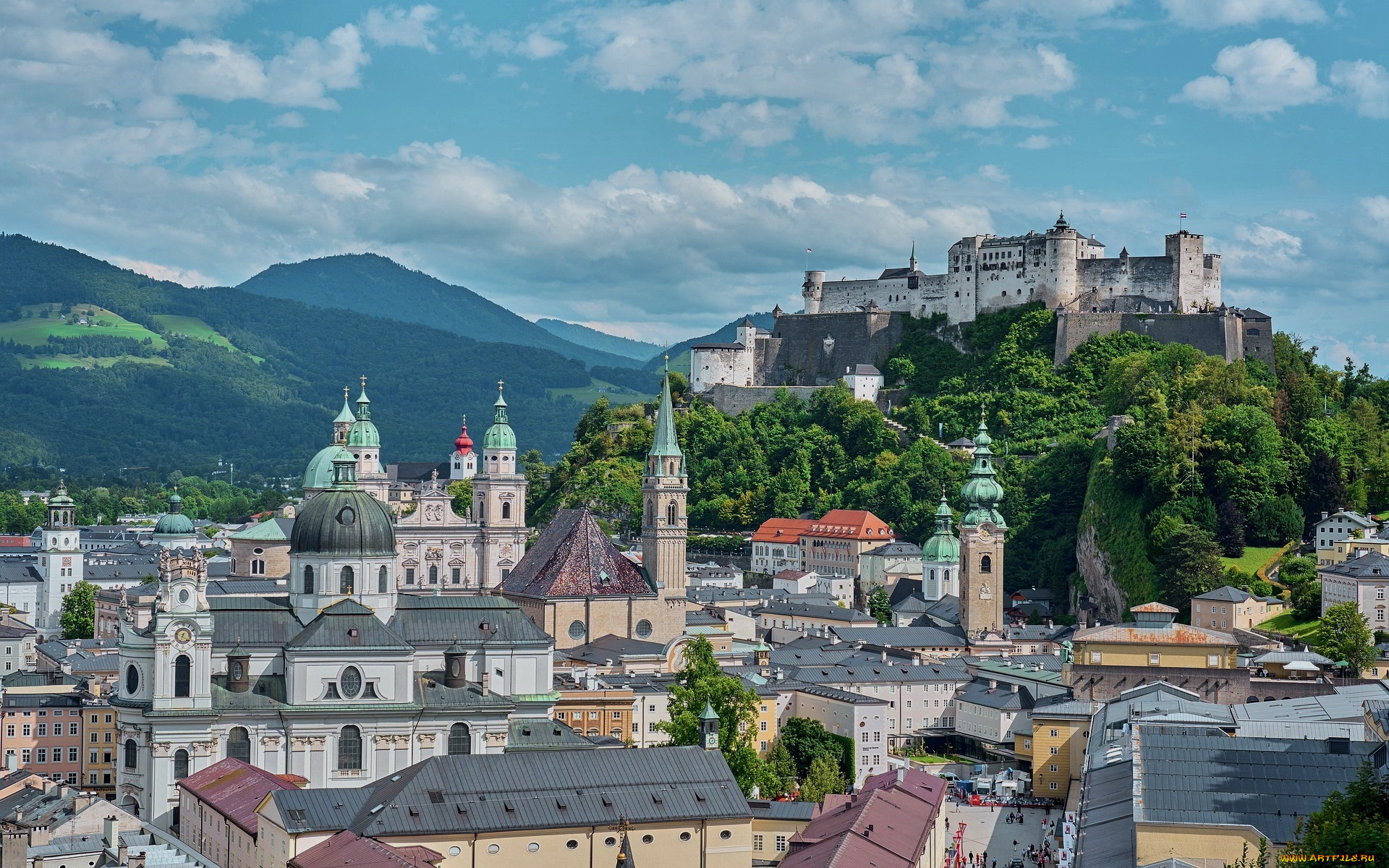 города, зальцбург, , австрия, горы, замок, панорама